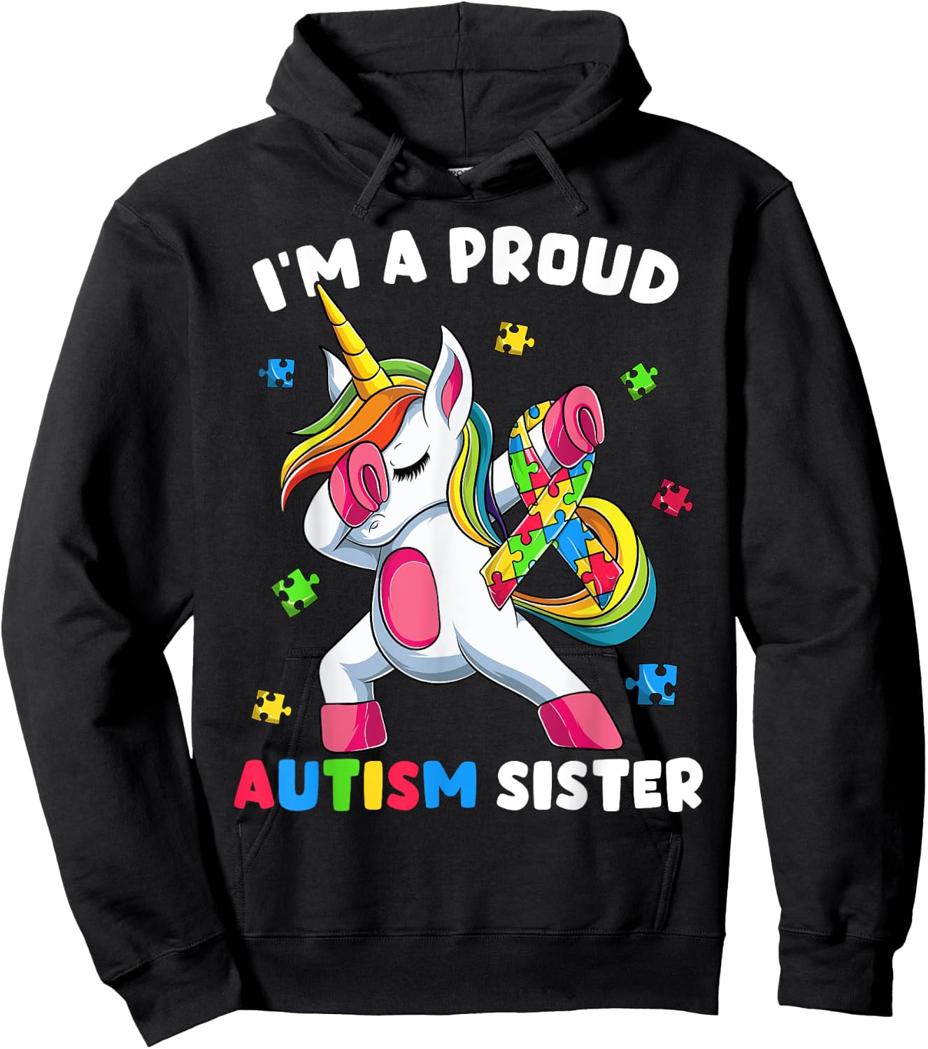 Proud Autism Sister Dab Dance Shirts, Girls Dabbing Unicorn Hoodie - Hoodie | Black