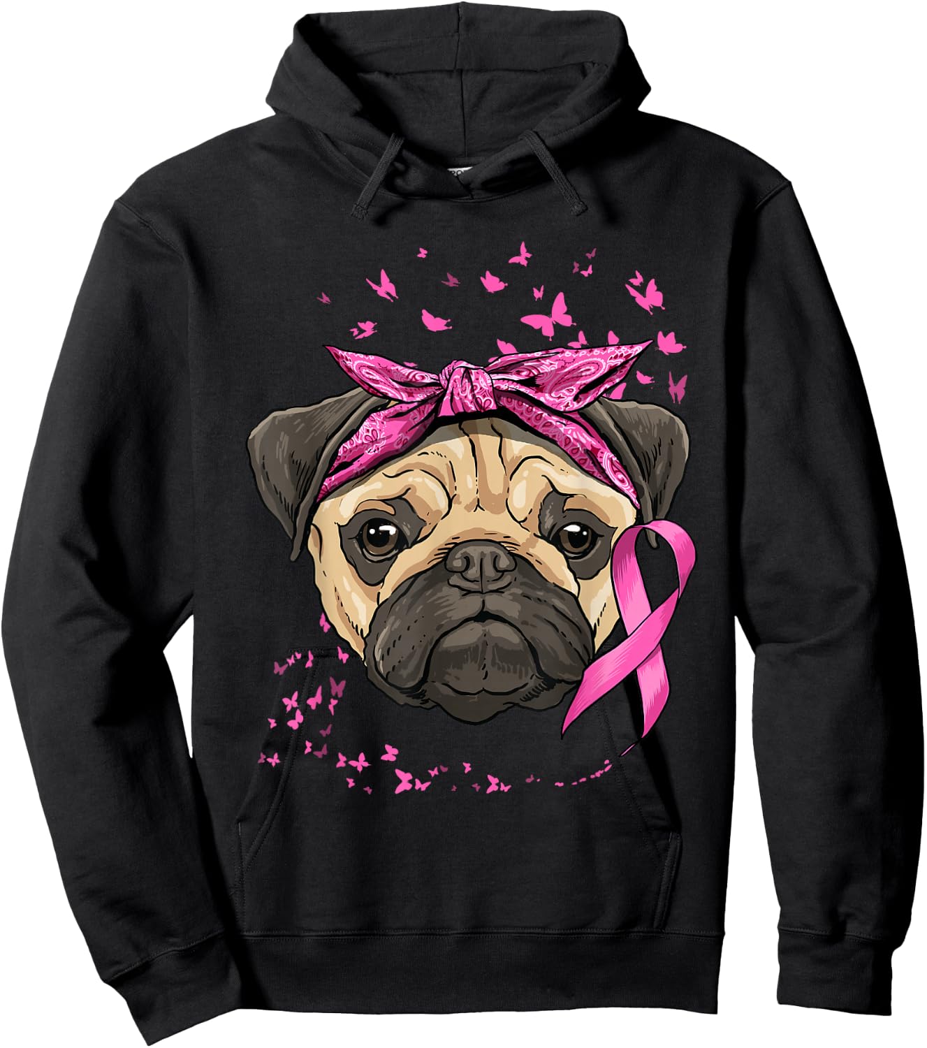 Breast Cancer Awareness Pug Dog Pink Ribbon Cancer Survivor Hoodie - Hoodie | Black
