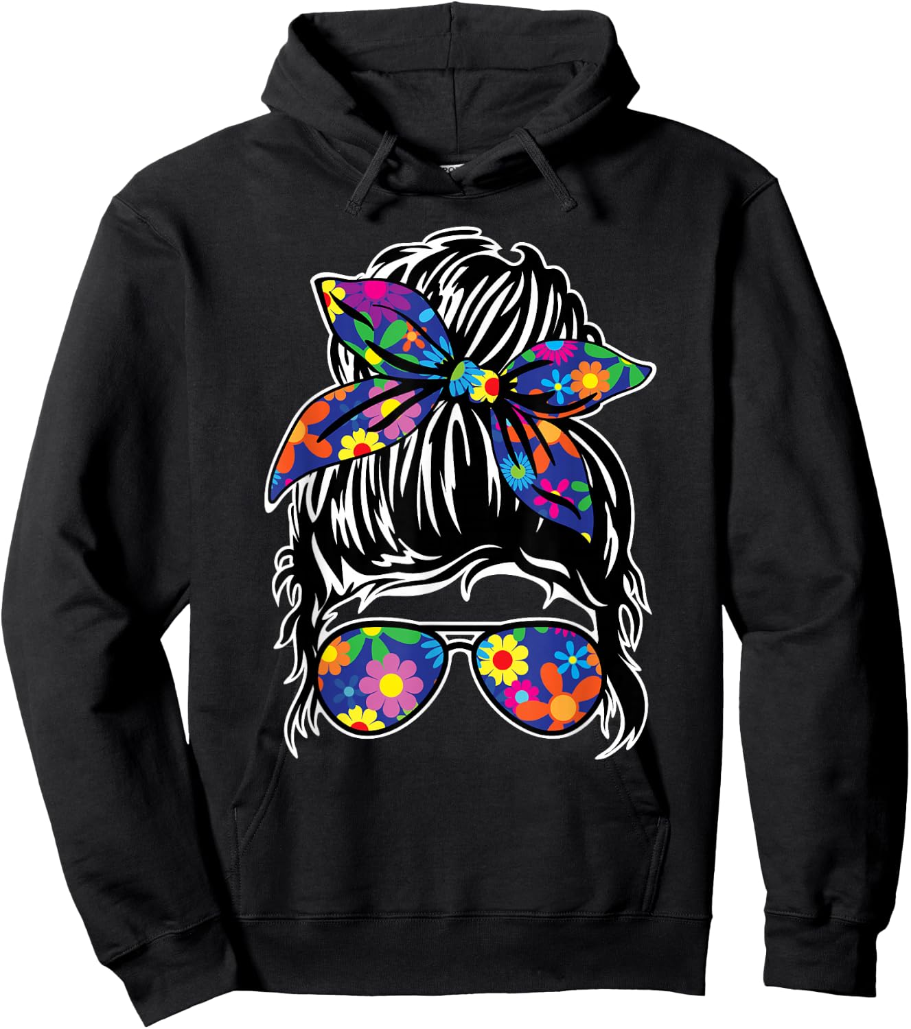Messy Hair Bun with Bandana Ribbon and Sunglasses Design Hoodie - Hoodie | Black