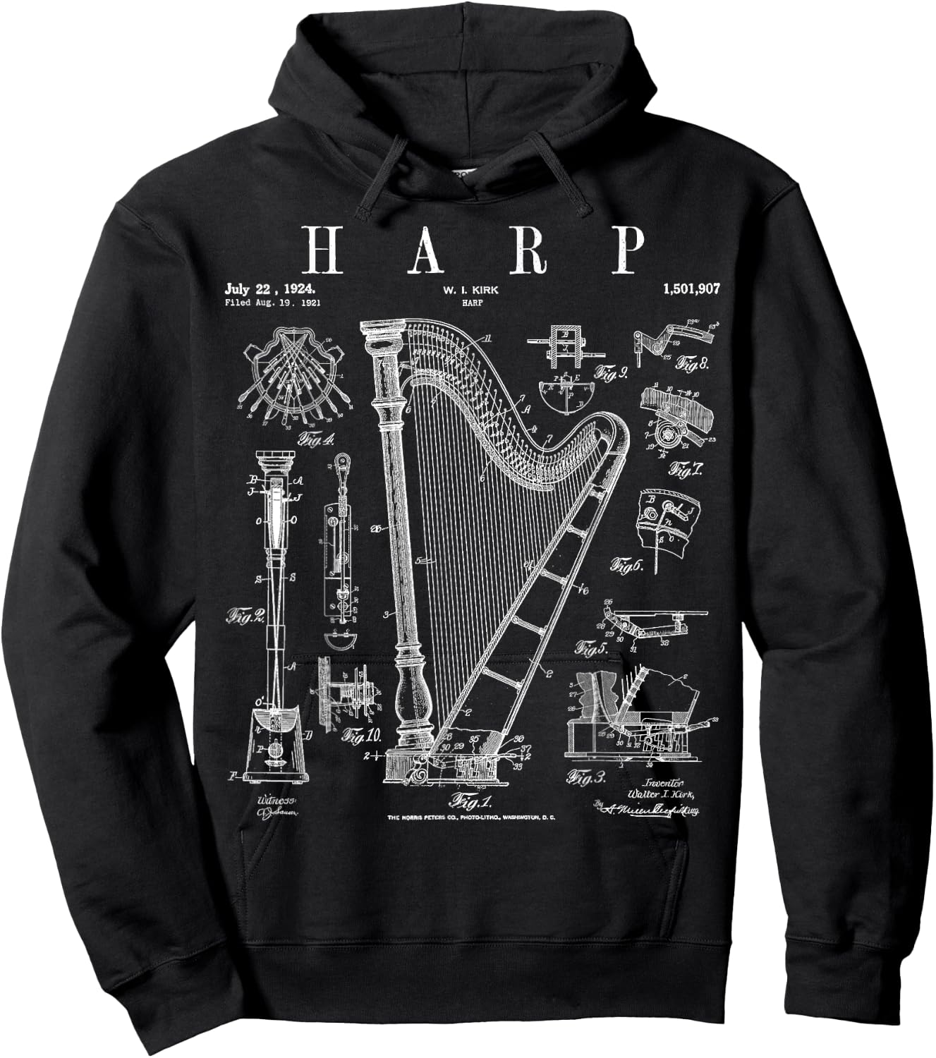 Harp Vintage Patent Harpist Drawing Print Hoodie - Hoodie | Black