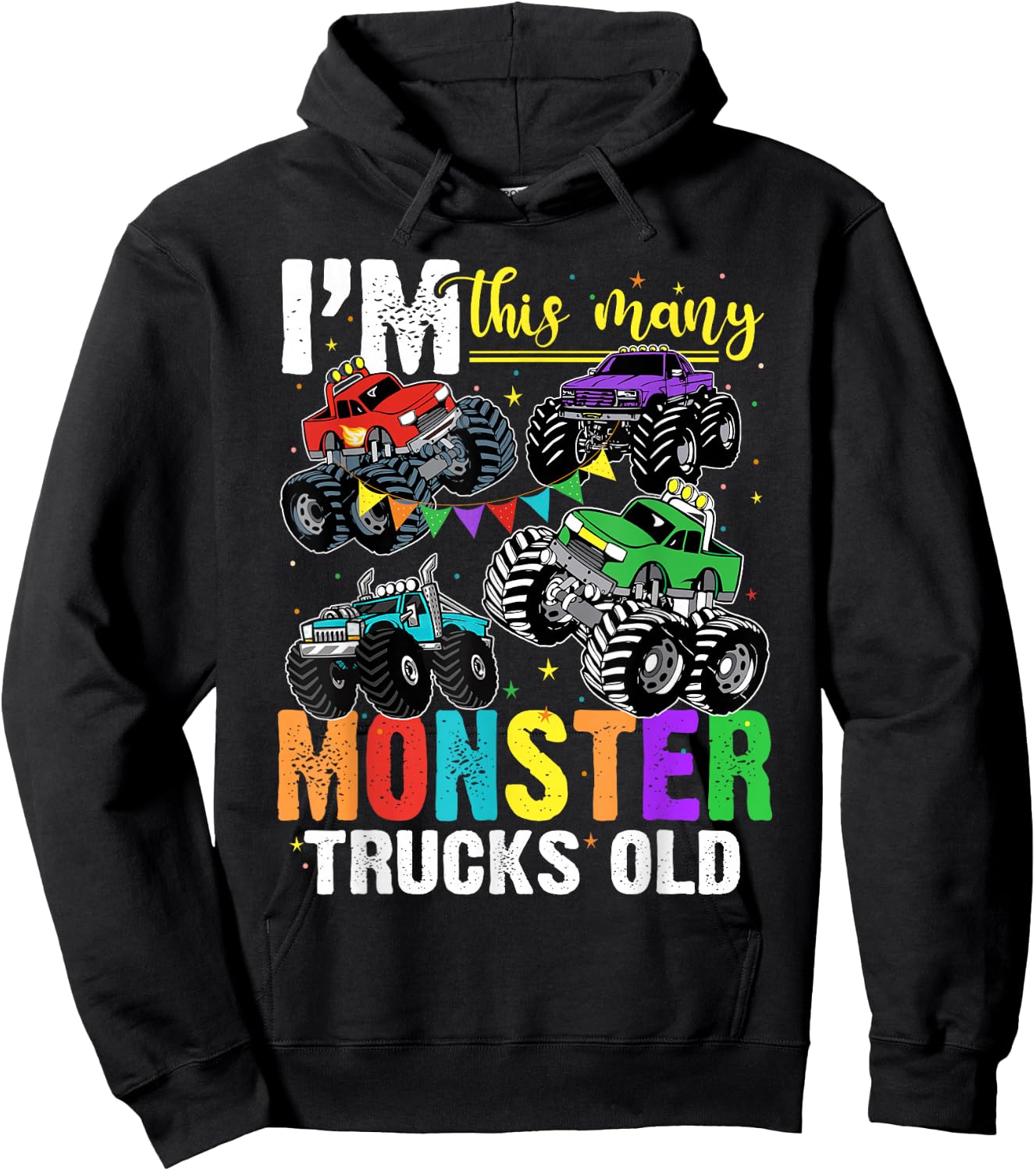 I'm This Many Monster Trucks Old 4th Birthday Boy Hoodie - Hoodie | Black