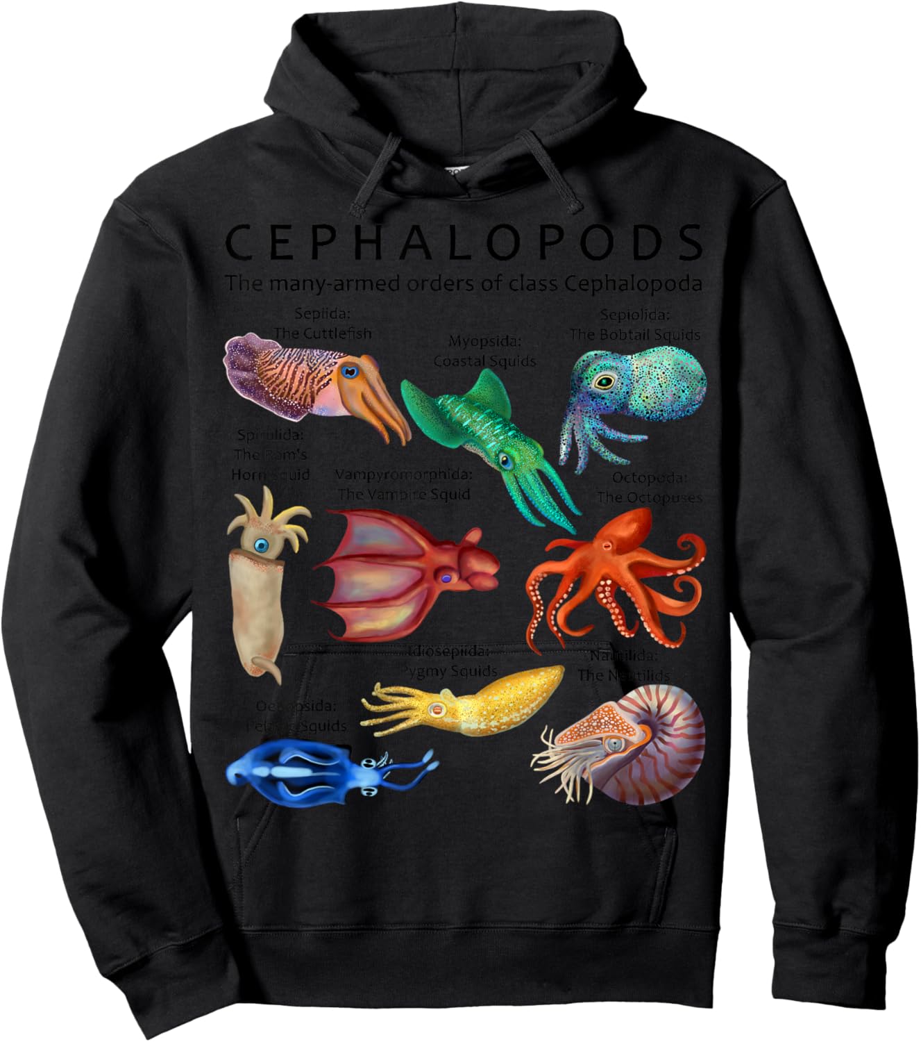 The Cephalopod: Octopus, Squid, Cuttlefish, and Nautilus Hoodie - Hoodie | Black
