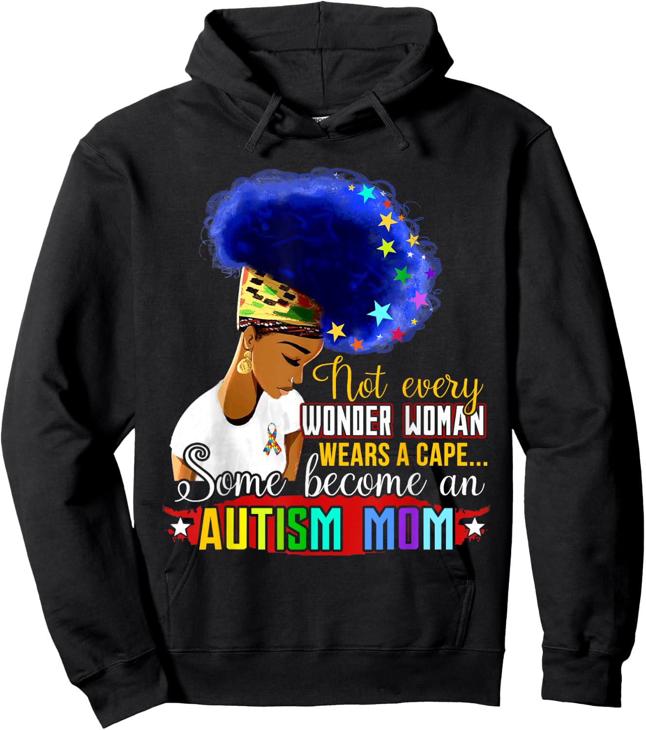 Black Afro American Autism Awareness Mom Rainbow Sparkle Hoodie - Hoodie | Black