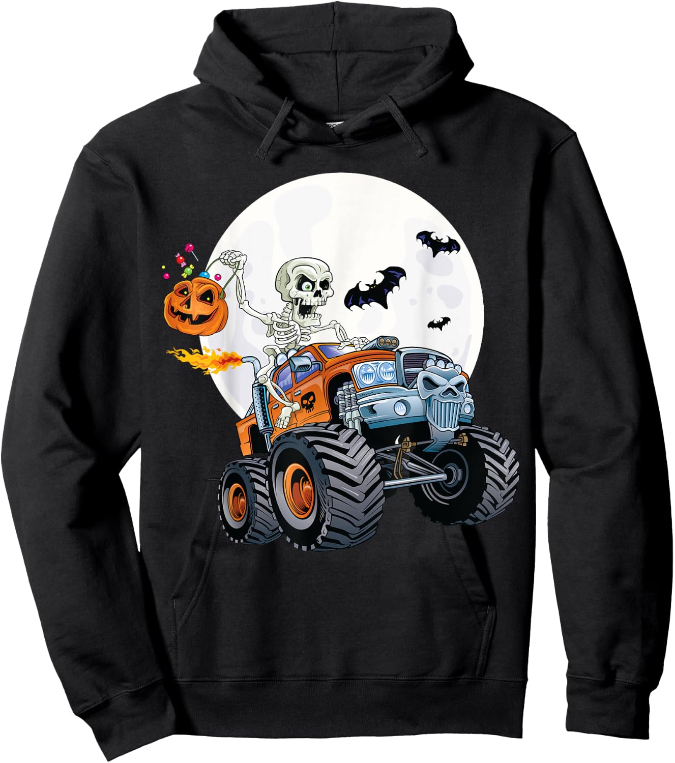 Skeleton Monster Truck Creepy Halloween Jack O Lantern Kids Hoodie - Hoodie | Black