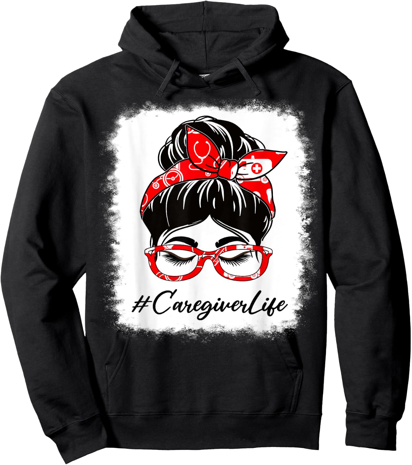 Caregiver Bleached Messy Bun Appreciation Day For Work Hoodie - Hoodie | Black