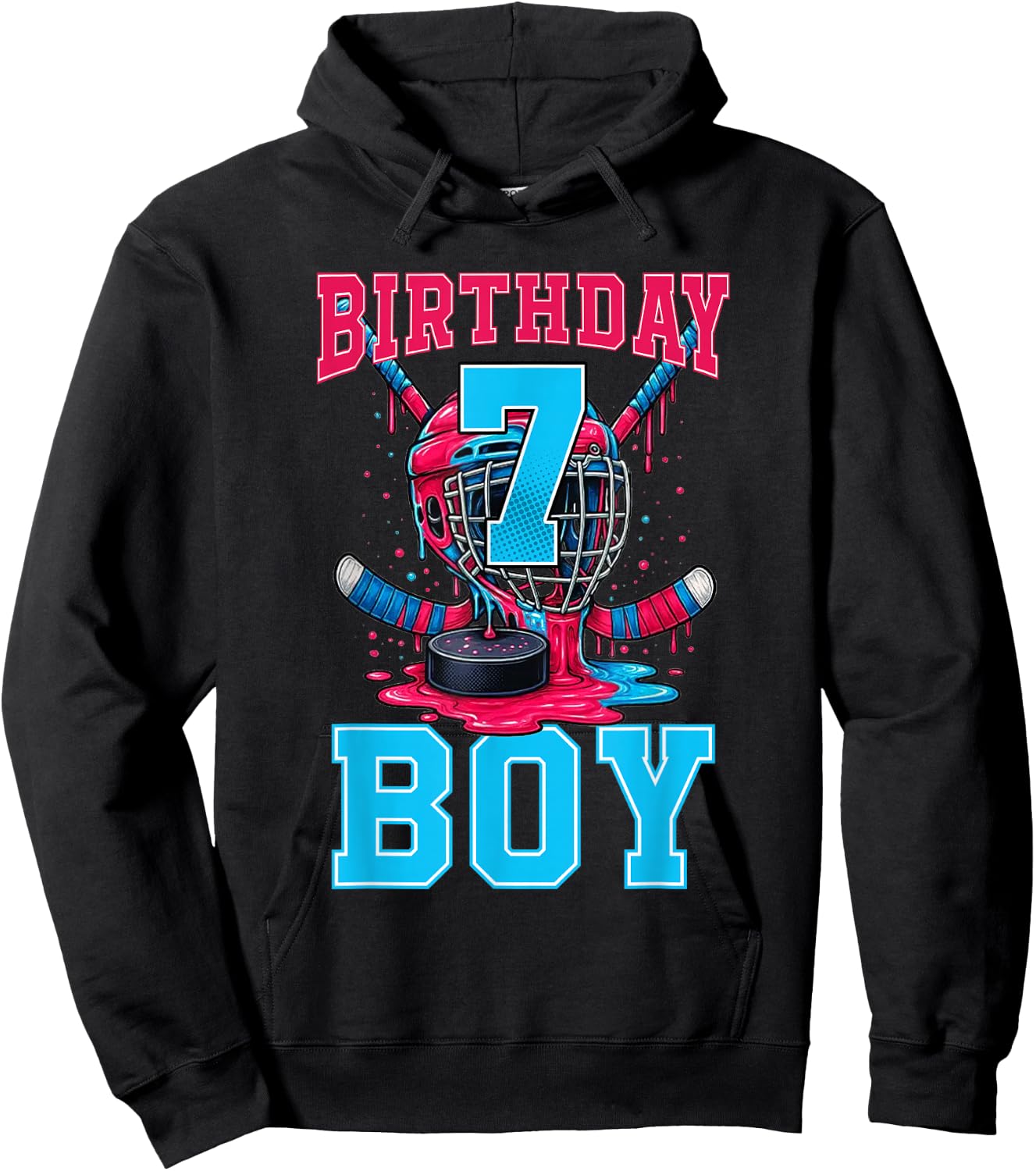 Hockey 7 Year Old Ice Cream Drip 7th Birthday Boy Party Hoodie - Hoodie | Black