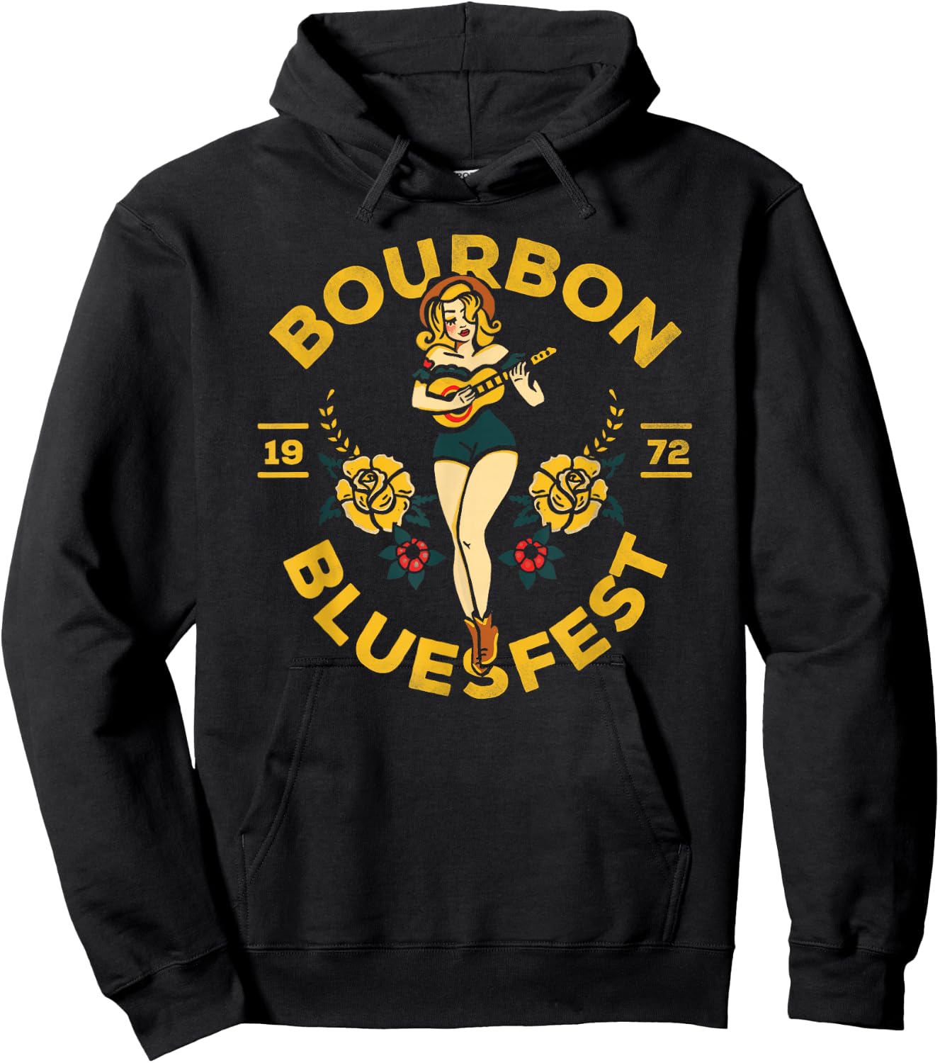 Bourbon Bluesfest 1972: Vintage Pinup Girl Playing Guitar Hoodie - Hoodie | Black