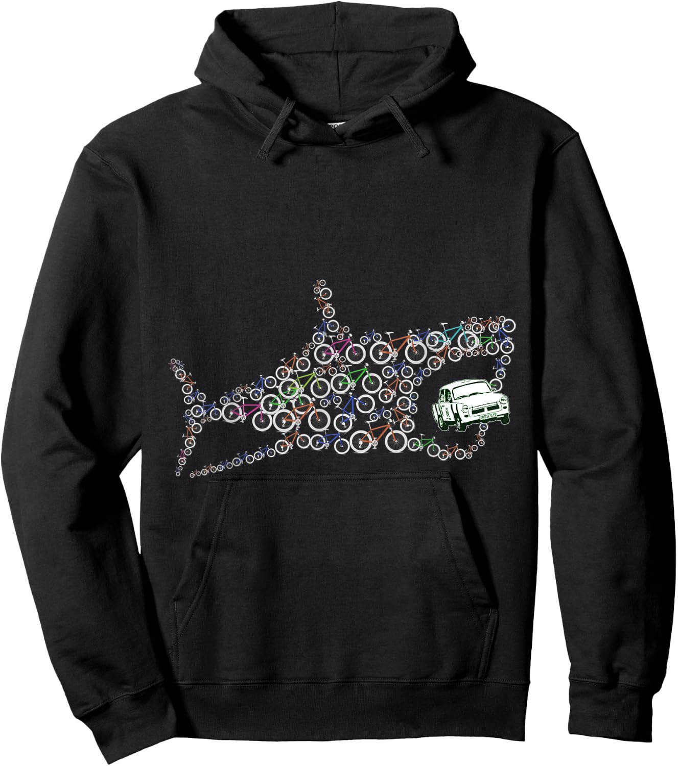 Retro Fish Bicycle Shark Eats Car Art Bicycle Lover Cyclists Hoodie - Hoodie | Black