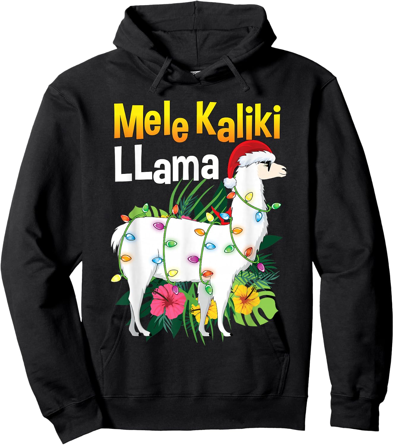Mele Kalikimaka Christmas Shirt Hawaiian Llama X-Mas Lights Hoodie - Hoodie | Black