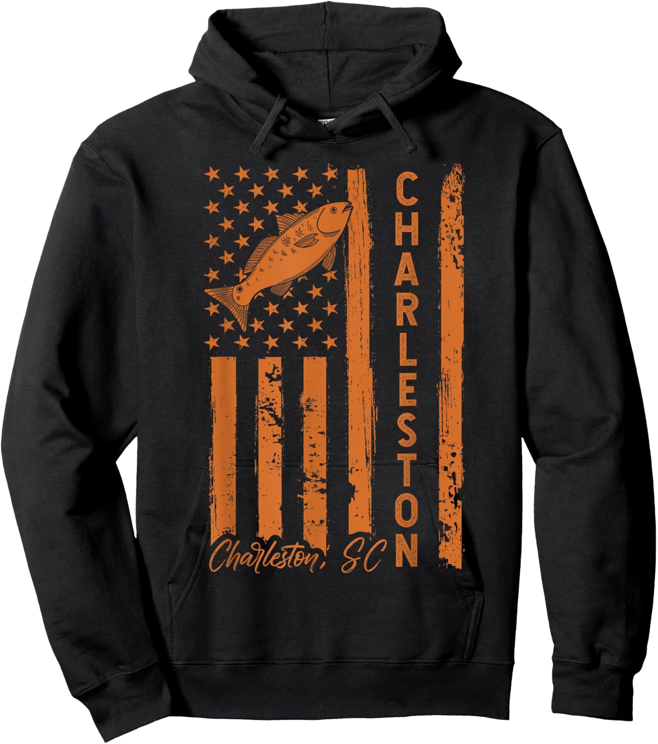 Charleston SC for Redfish Fishing Fishermen USA Flag Hoodie - Hoodie | Black