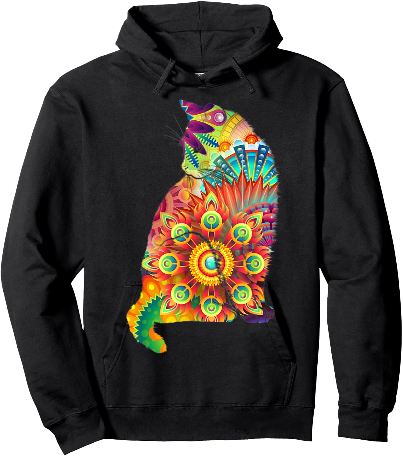 Cat Silhouette 60's 70's Colorful Patterns Hoodie - Hoodie | Black