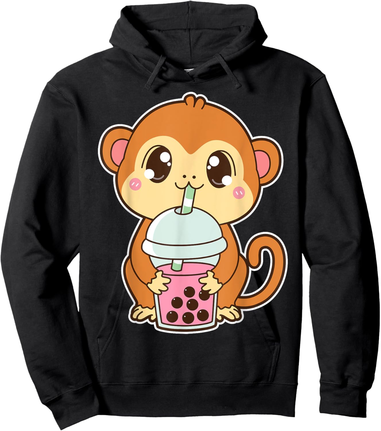 Kawaii Cute Zodiac Boba Monkey Strawberry Bubble Milk Tea Hoodie - Hoodie | Black