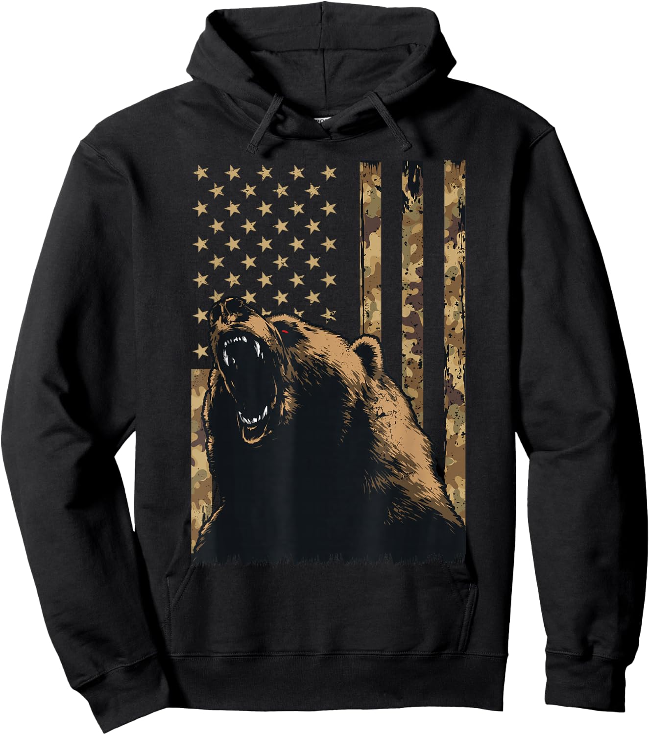Desert Camo Grizzly Bear Grunge American Flag Tactical USA Hoodie - Hoodie | Black