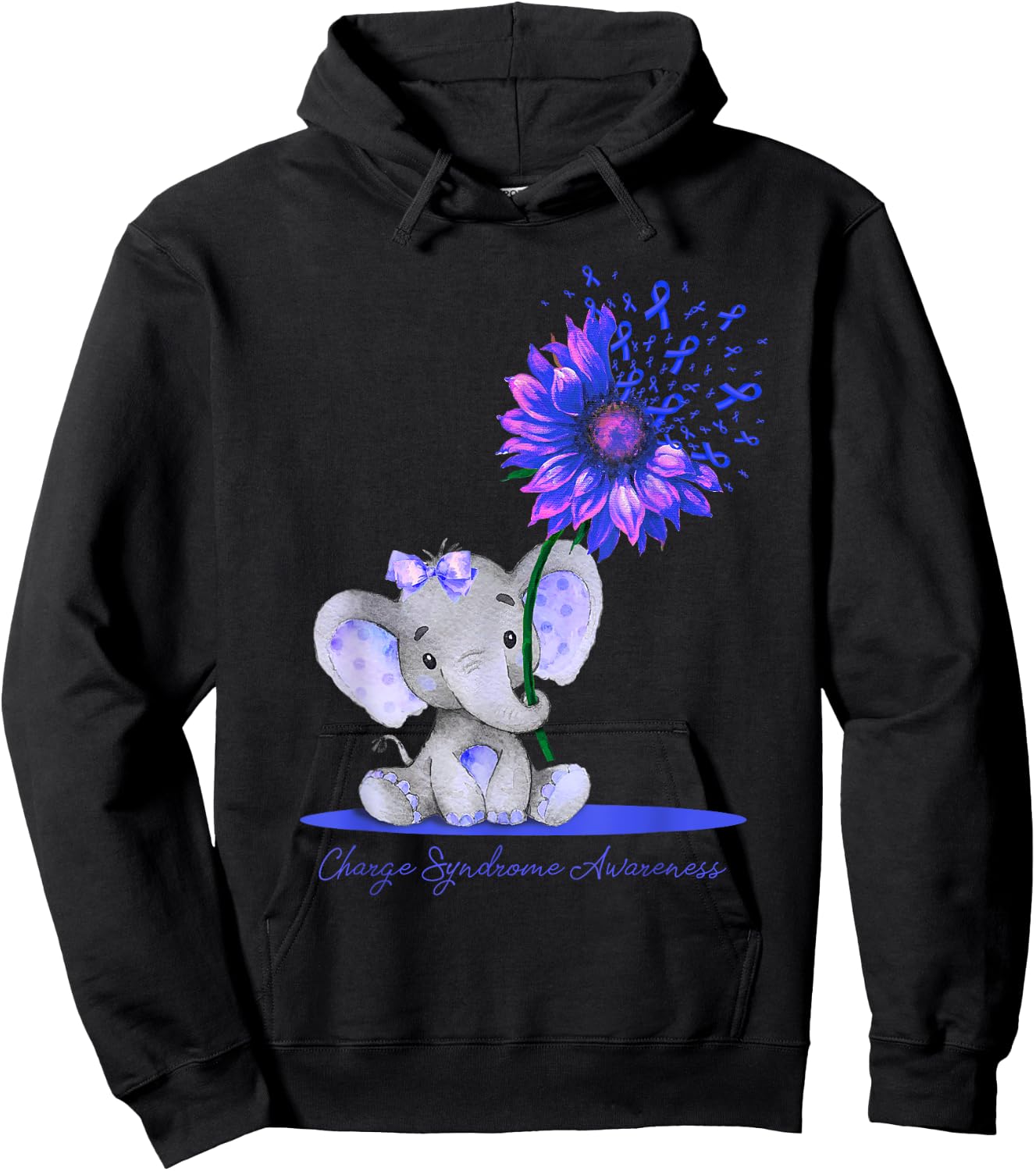 CHARGE SYNDROME AWARENESS Cute Elephant Sunflower Blue Hoodie - Hoodie | Black