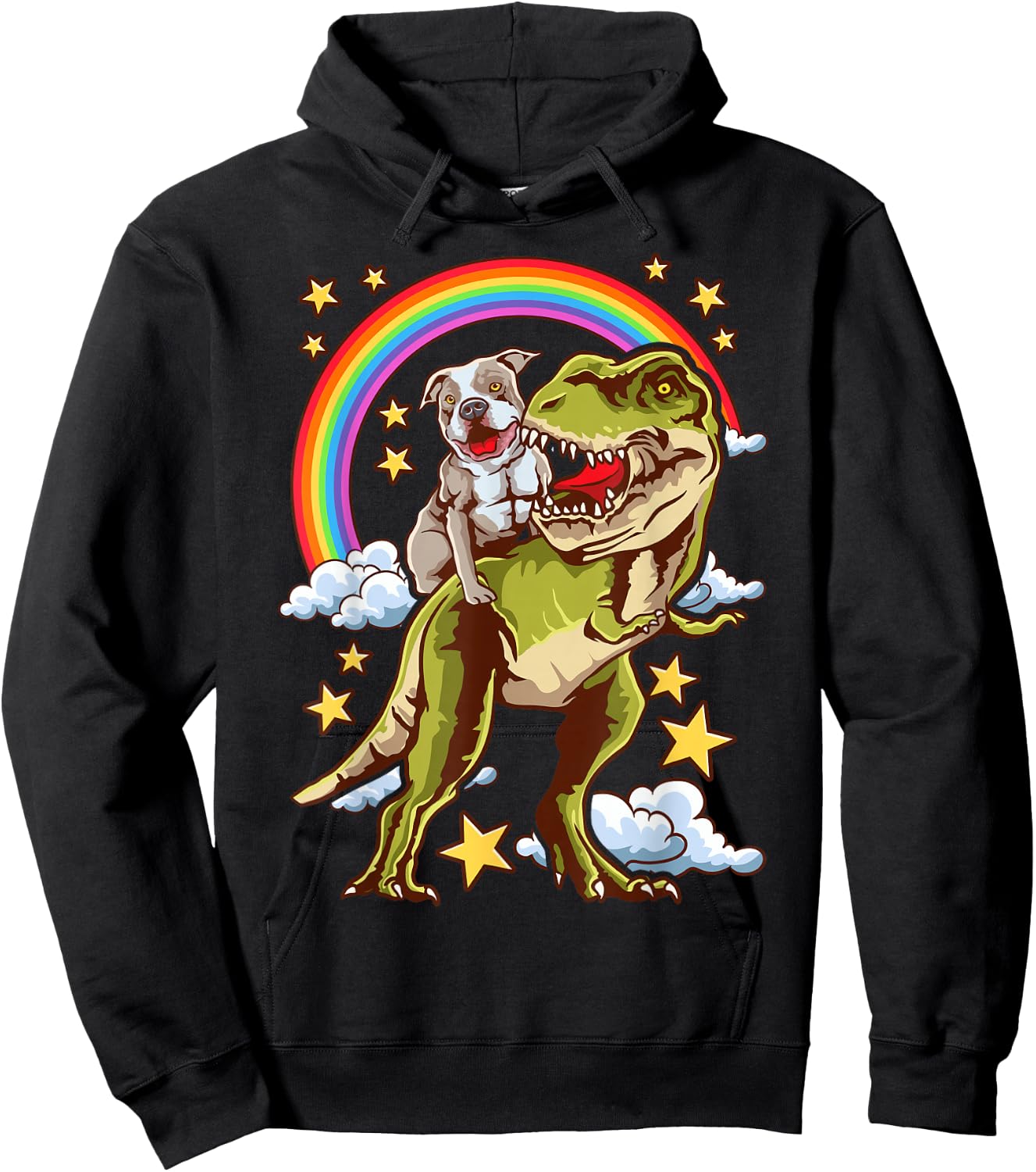 Funny Pitbull Riding A Dinosaur Rainbow Illustration Fun Hoodie - Hoodie | Black