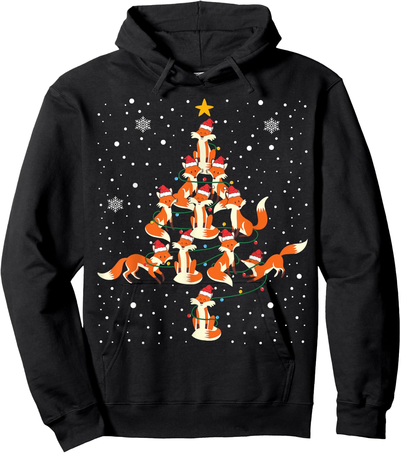 Foxes Christmas Tree Lights Fox Xmas Pajama Hoodie - Hoodie | Black