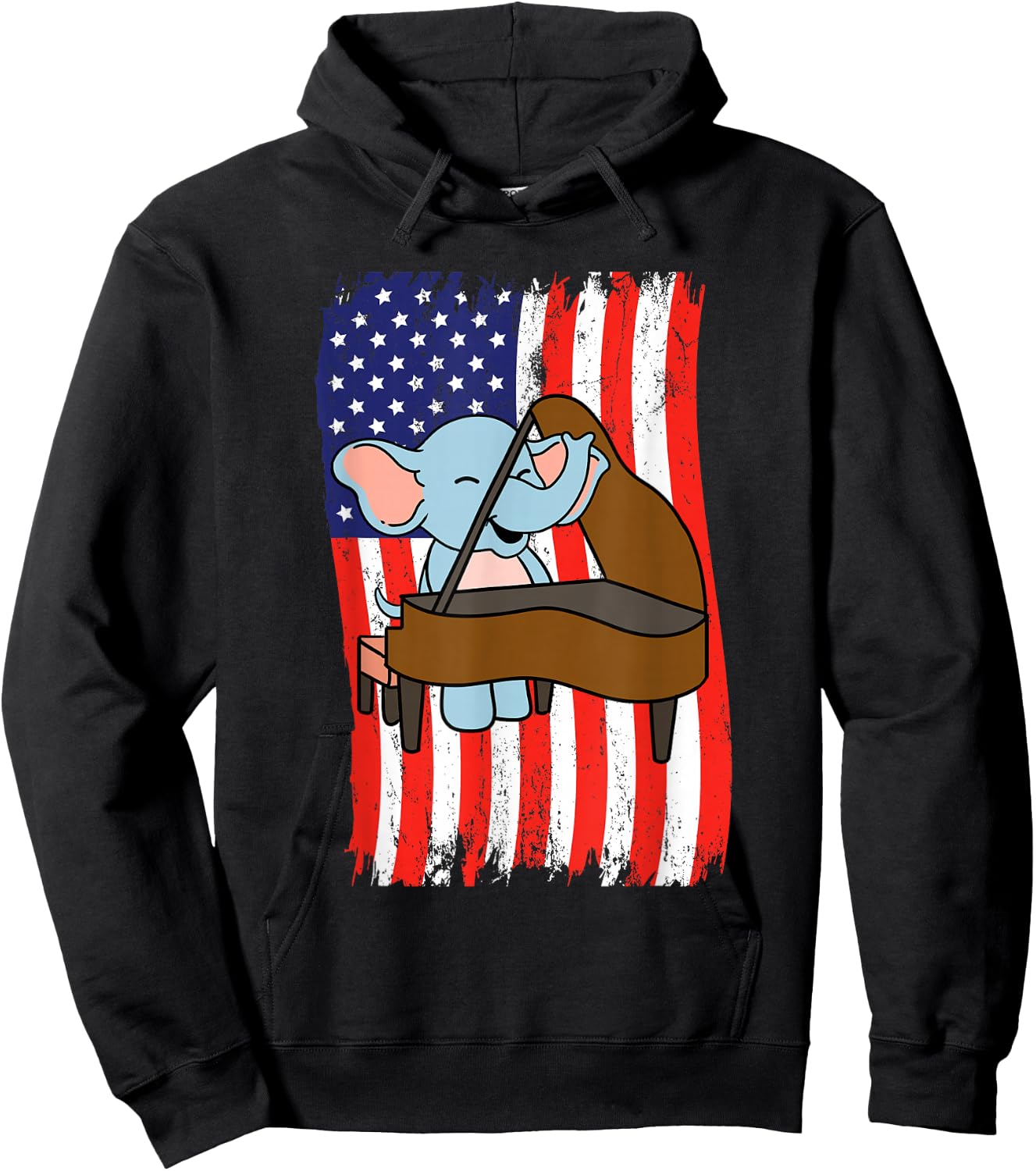 American Flag Elephant Playing Piano Hoodie - Hoodie | Black