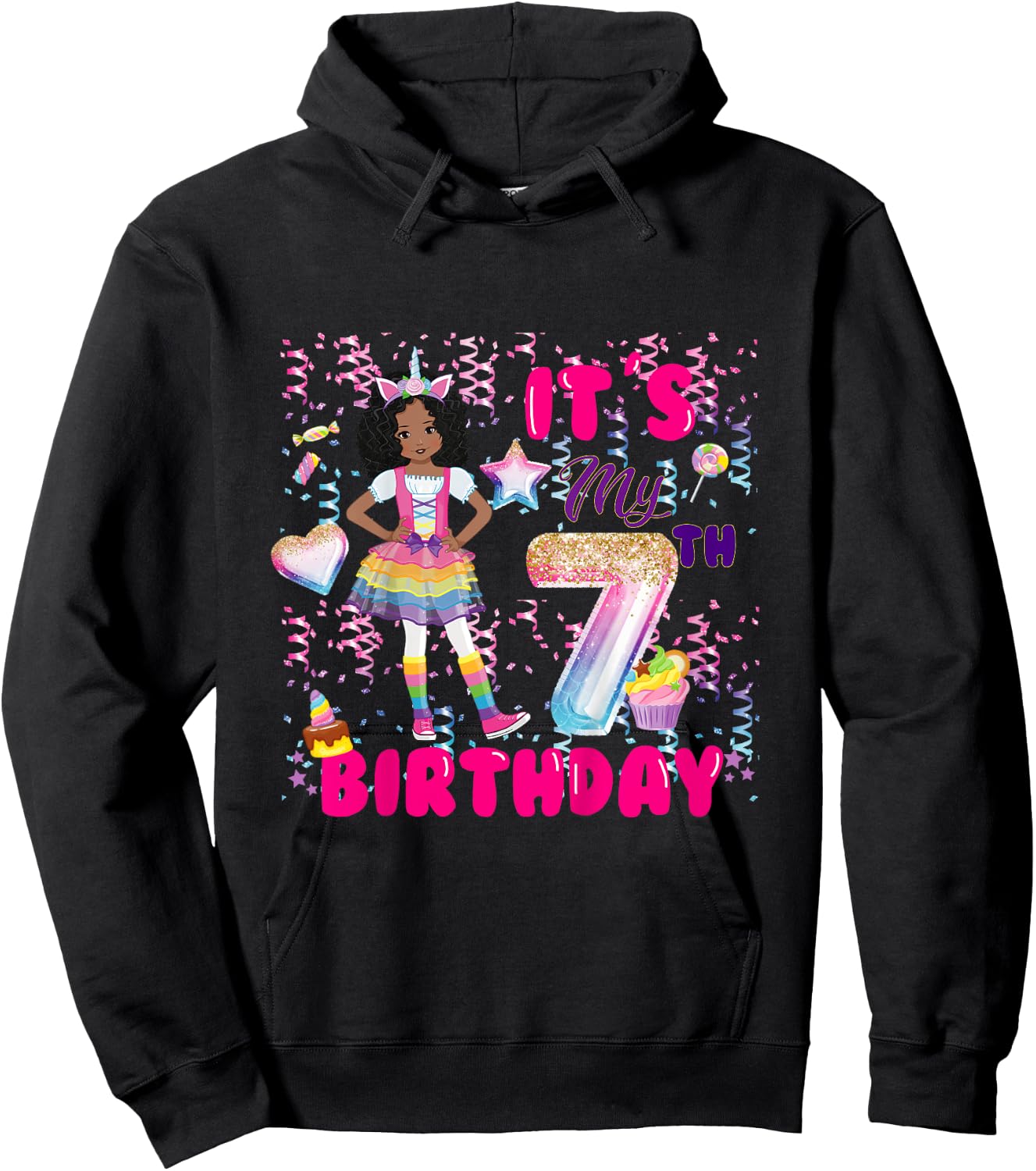 7th Birthday shirt Girls 7 yr African American 7th B-day Hoodie - Hoodie | Black