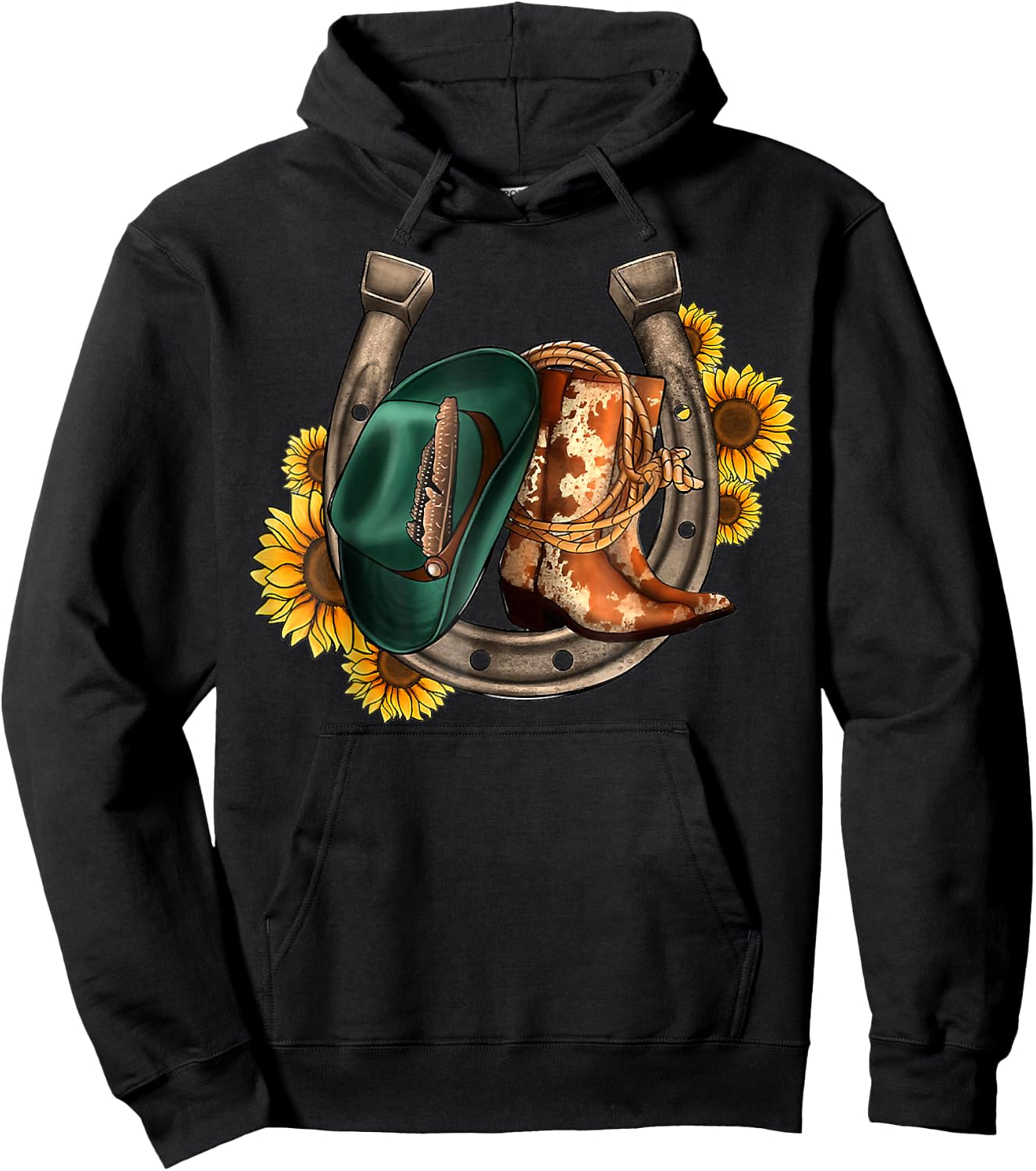 Cowboy Boots Cowboy Hat Horseshoes Sunflower Western Cowhide Hoodie - Hoodie | Black