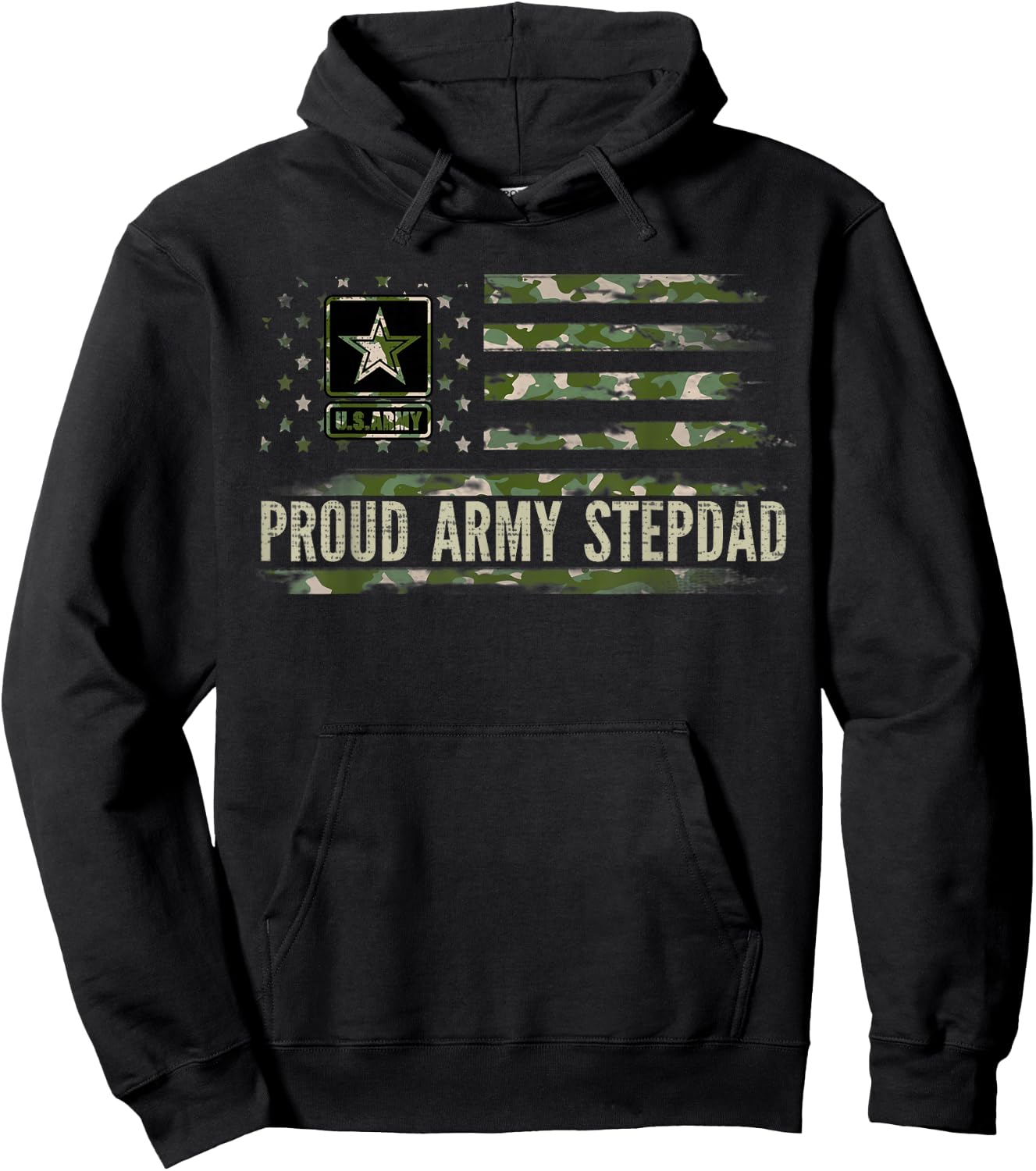 Vintage Proud Army Stepdad Camo American Flag Veteran Gift Hoodie - Hoodie | Black