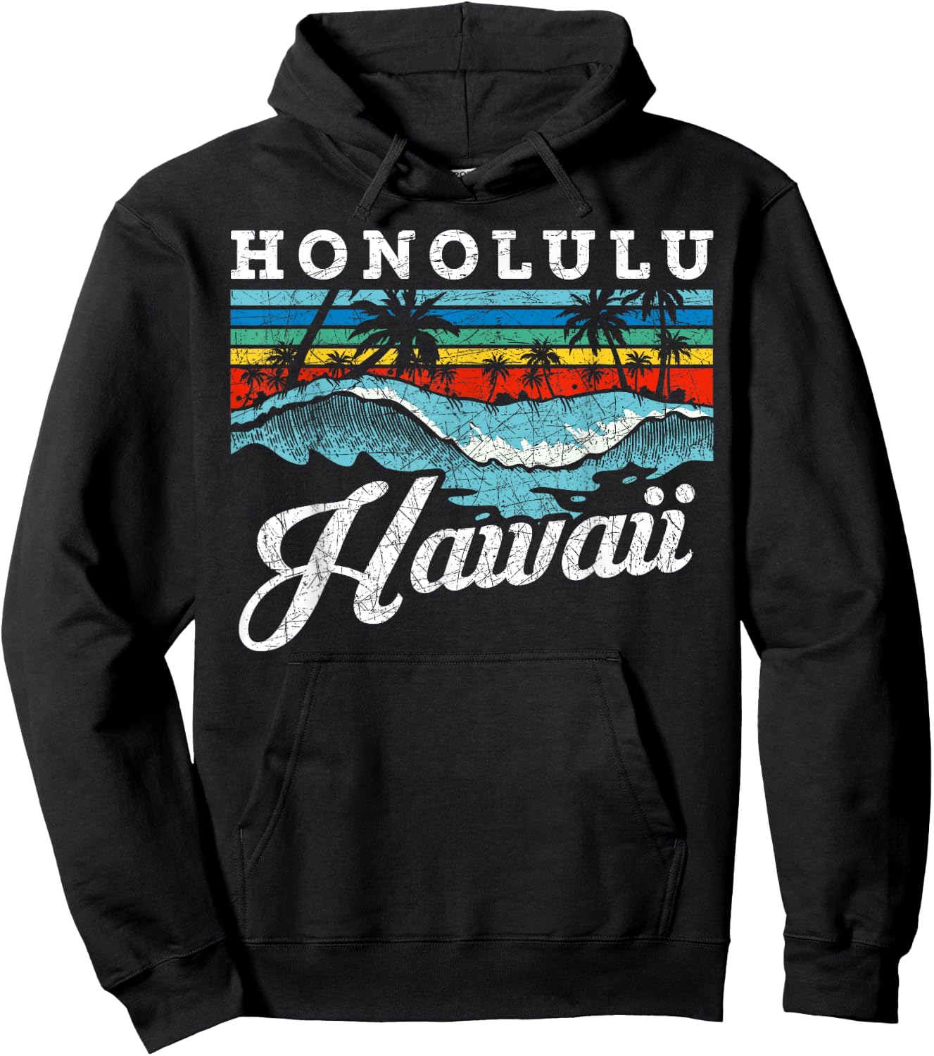 Waves Beach Honolulu Hawaiian Summer Surfing Retro Hawaii Hoodie - Hoodie | Black