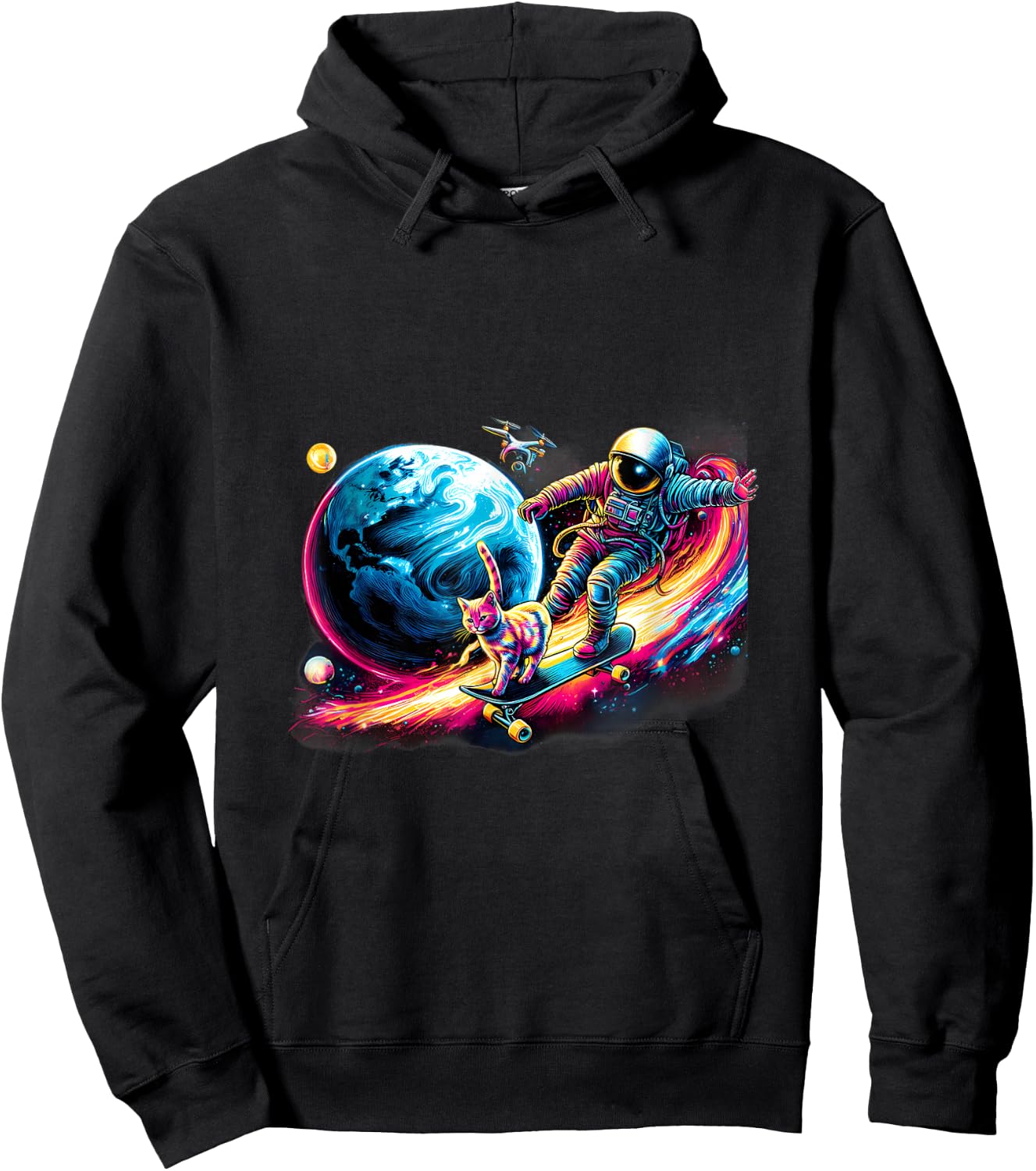 Cat And Astronaut Skateboarding The Outer Space Hoodie - Hoodie | Black
