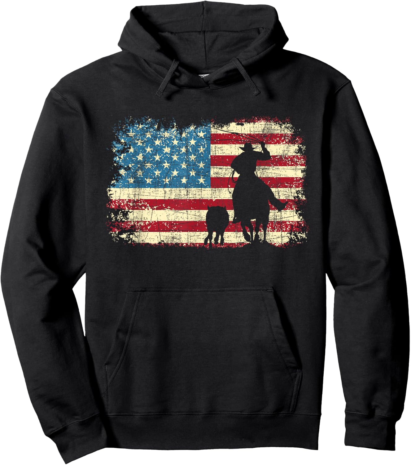 Team Roping - USA Flag Cowboy Cowgirl Rancher Heading Heeler Hoodie - Hoodie | Black