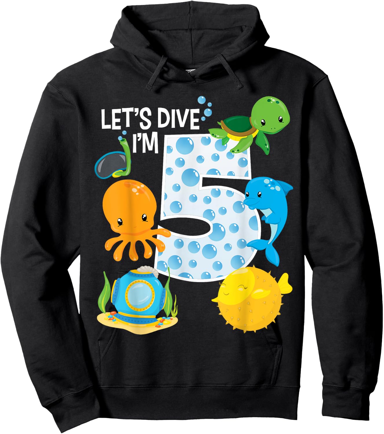 Let's Dive I'm 5 Birthday Boy Girl Ocean Sea Animals Bday Hoodie - Hoodie | Black