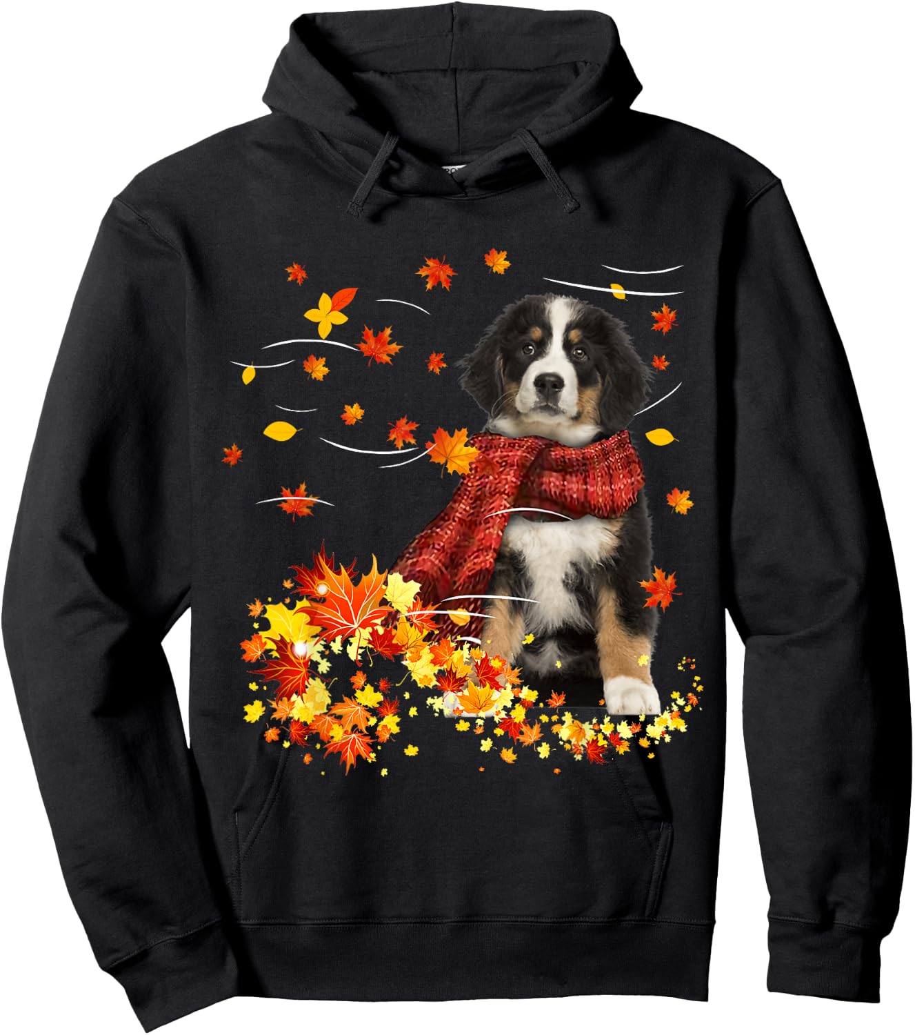 Bernese Mountain Fall Red Scarf Autumn Leaf Gift Dog Lover Hoodie - Hoodie | Black