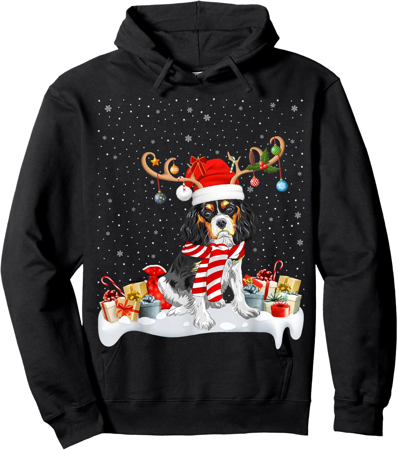 Reindeer Santa Hat Cavalier King Charles Spaniel Christmas Hoodie - Hoodie | Black