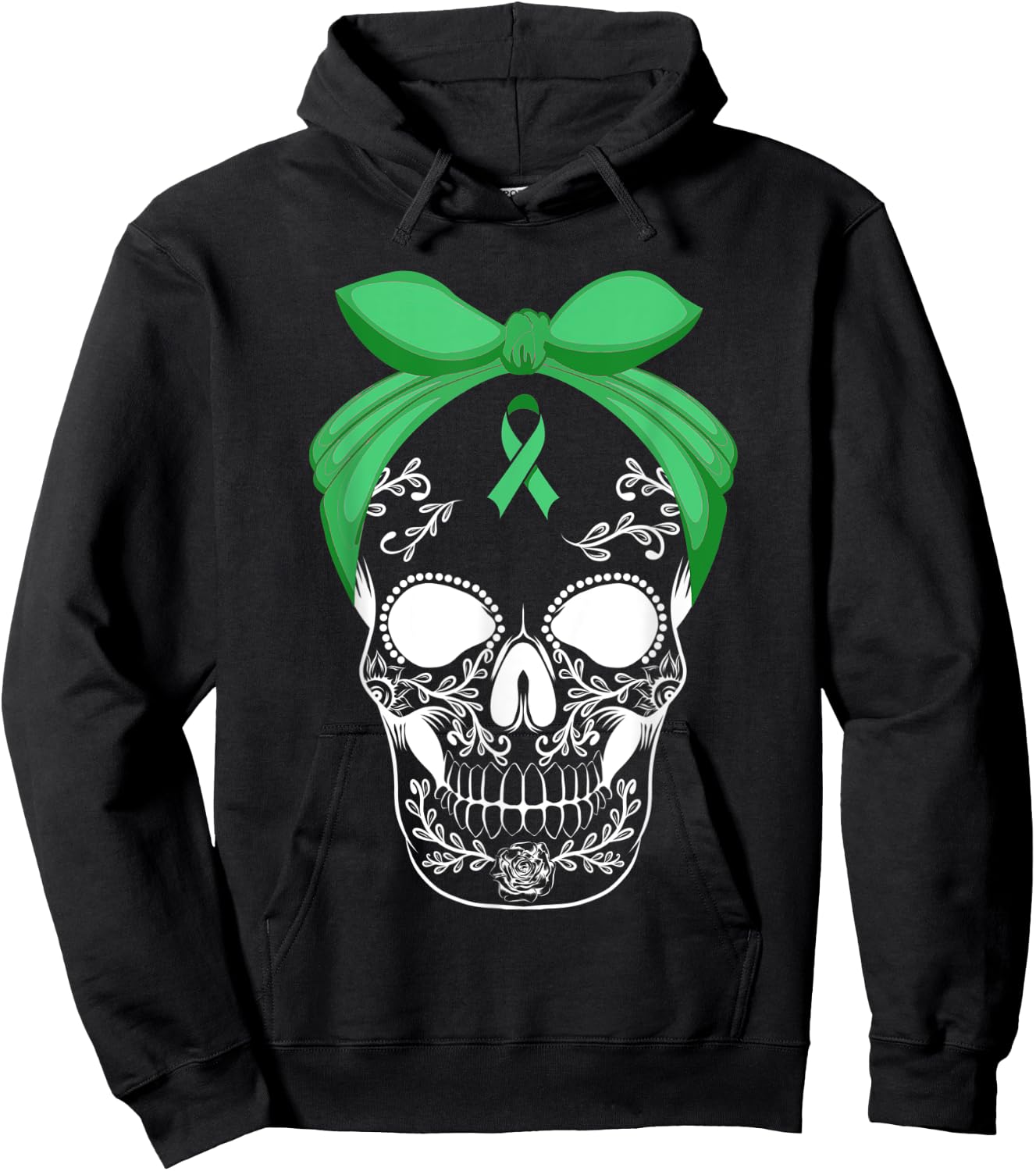 Sugar Skull Green Ribbon Apparel Skeleton Liver Cancer Fight Hoodie - Hoodie | Black