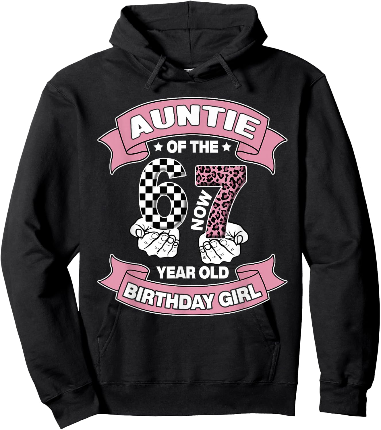 Auntie 67 Birthday 7 Years Old Ribbon Leopard Family Hoodie - Hoodie | Black