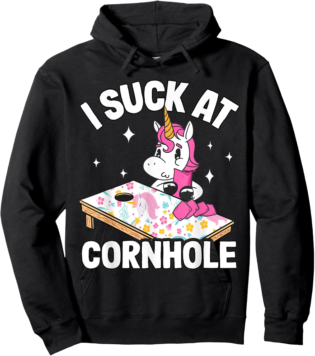 I Suck At Cornhole Loser Funny Sarcastic Joke Pink Unicorn Hoodie - Hoodie | Black