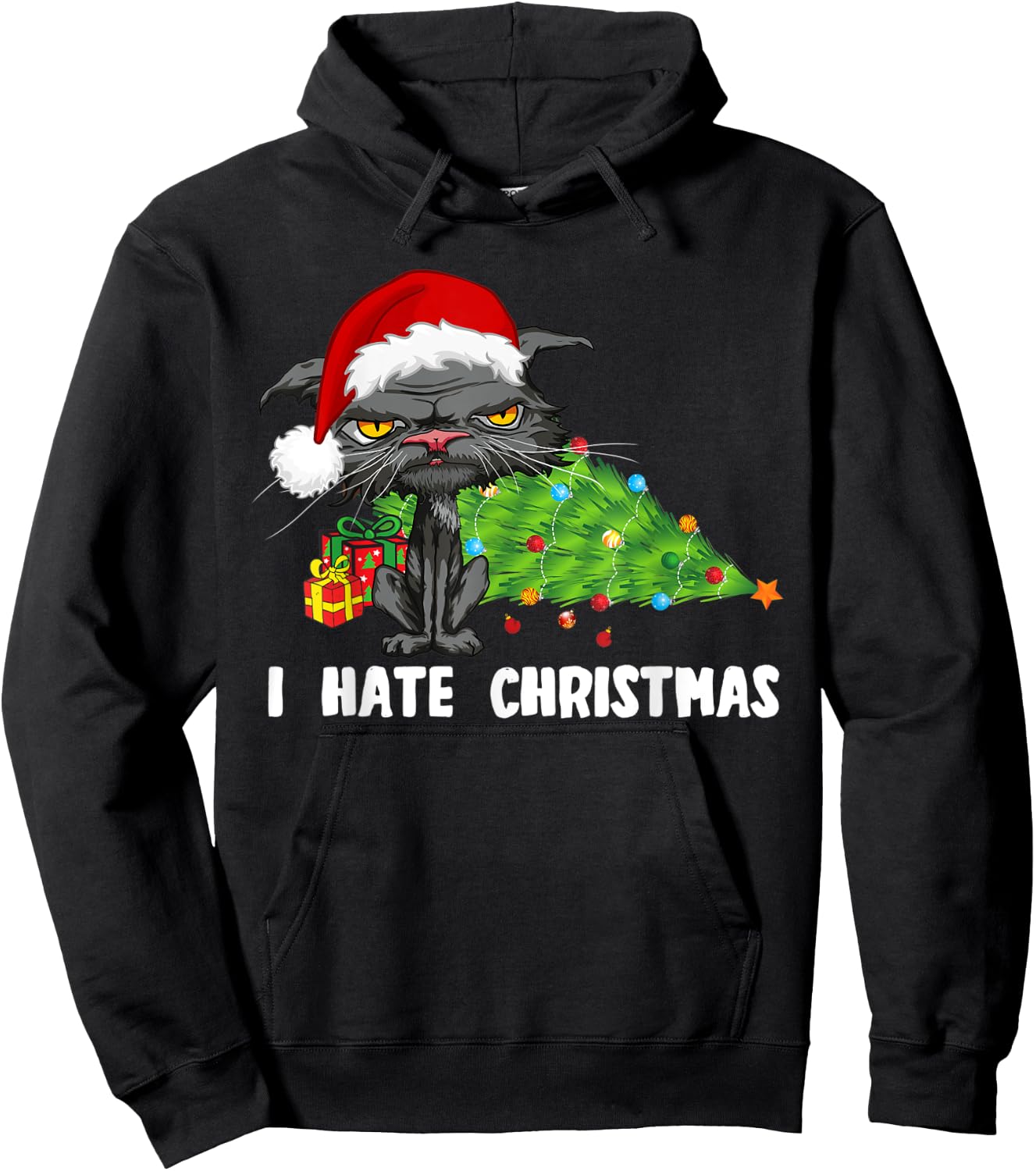 Anti Christmas I Hate Christmas Tree Bored Cat Santa Hat Women Kids Hoodie - Hoodie | Black