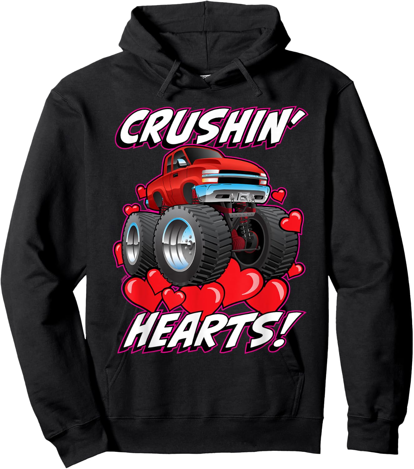 Crushin' Hearts Monster Truck Funny Valentines Day All Ages Hoodie - Hoodie | Black