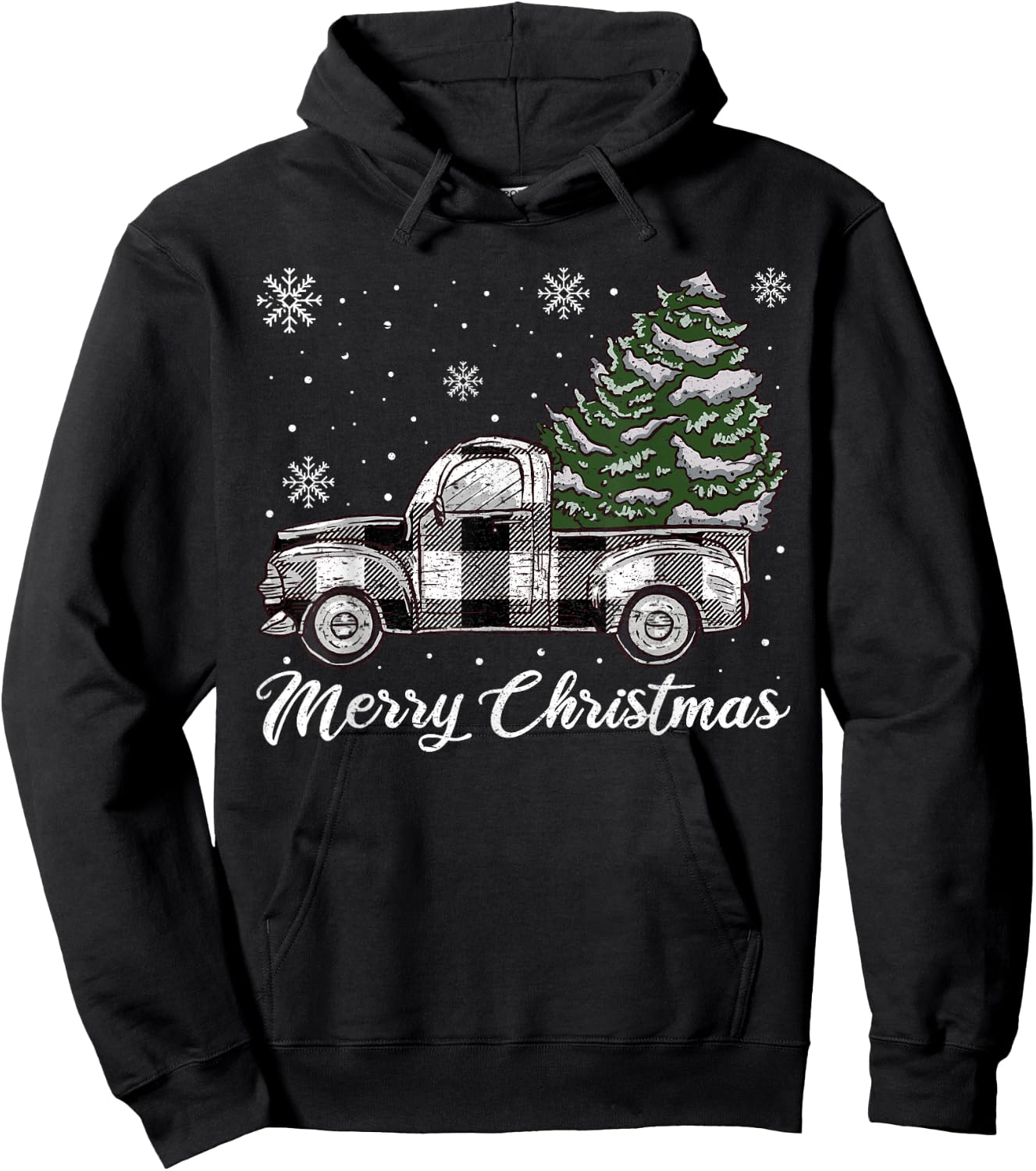 Merry Christmas Tree White Truck Pajama, Plaid Truck Tree Hoodie - Hoodie | Black