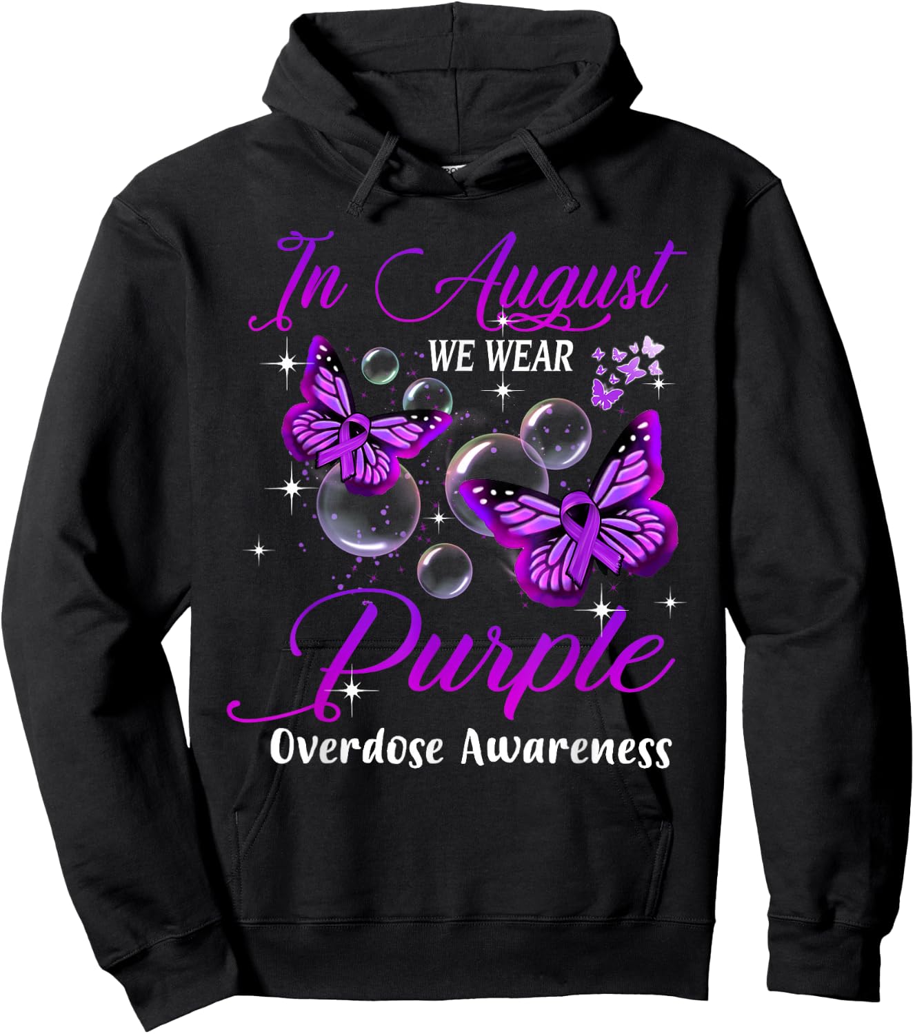 In August We Wear Purple Butterfly Overdose Awareness Gifts Hoodie - Hoodie | Black