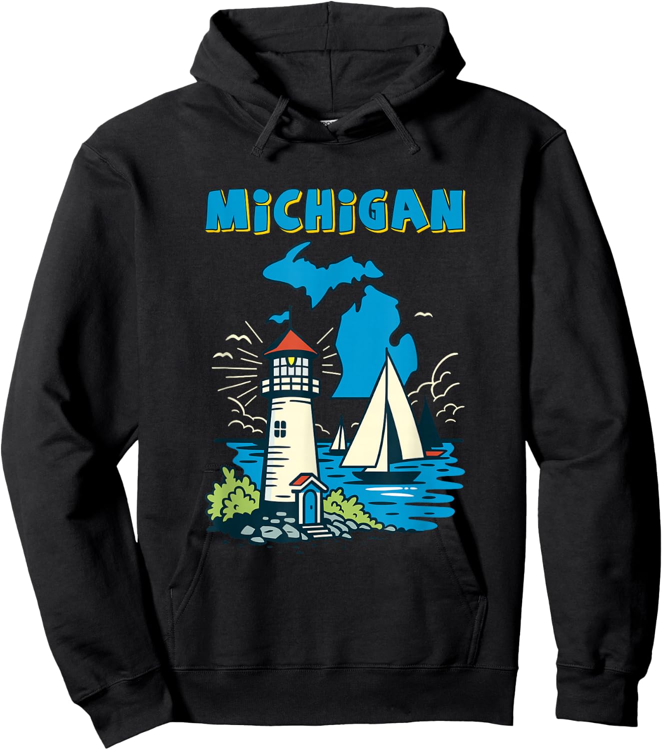 Retro Sailboat and Lighthouse in Michigan Great Lakes Hoodie - Hoodie | Black