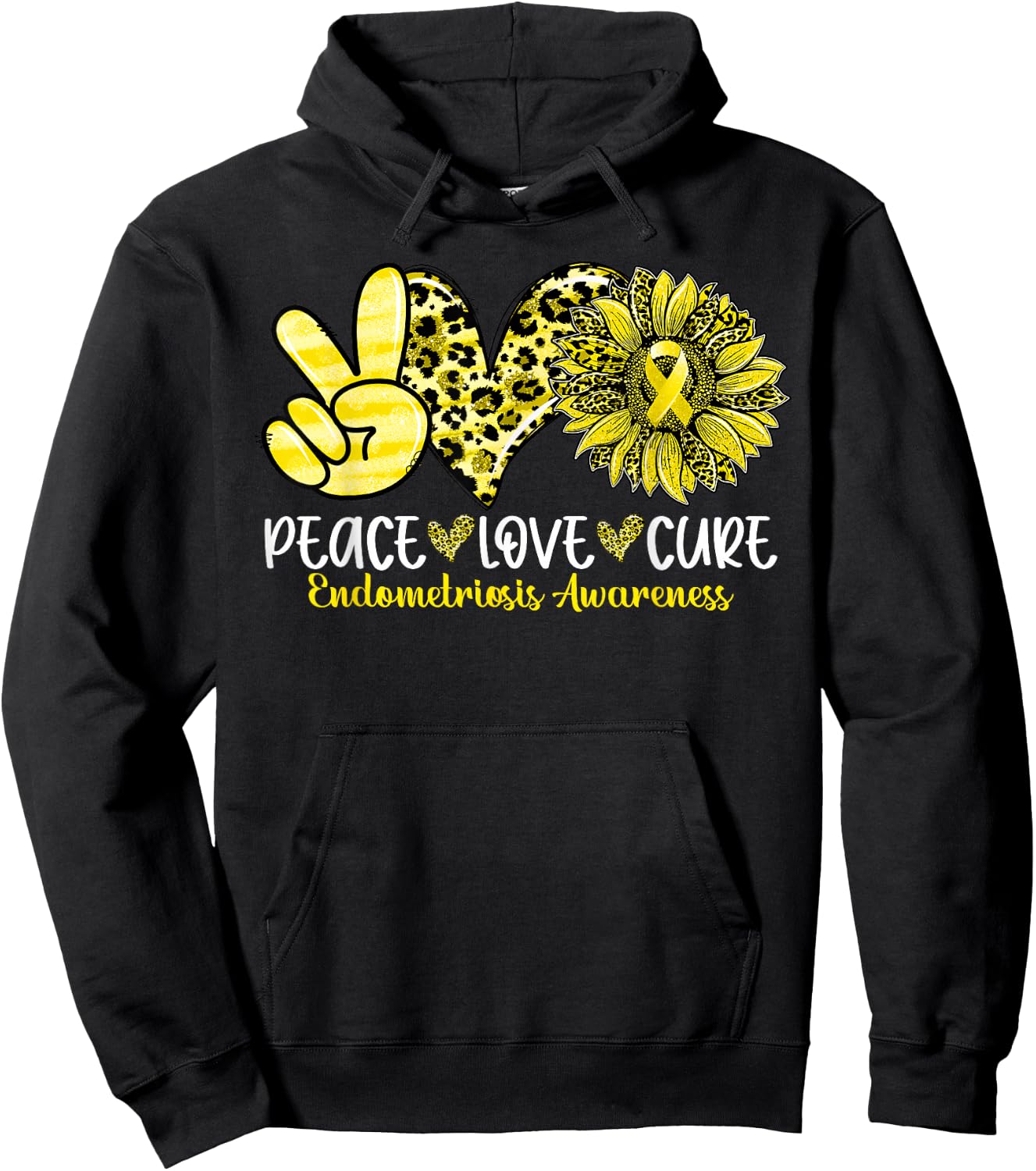 Peace Love Cure Sunflower Leopard Endometriosis Awareness Hoodie - Hoodie | Black