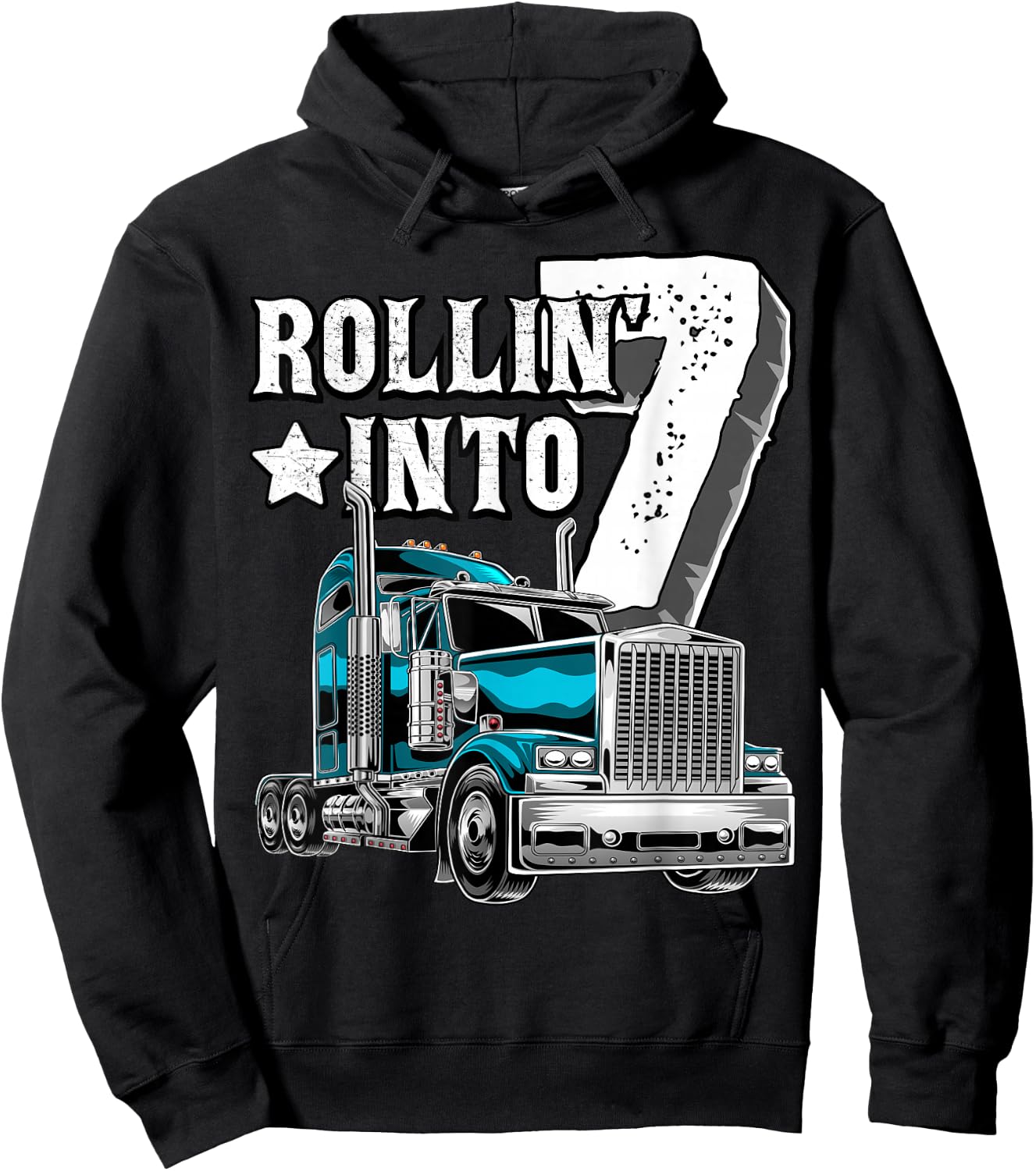Rollin into 7 Big Rig Semi-Trailer Truck 7th Birthday Gift Hoodie - Hoodie | Black