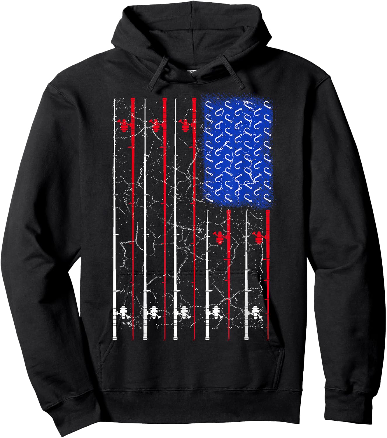 American US Flag Fishing Rod Top, Cool Fisherman Top Hoodie - Hoodie | Black