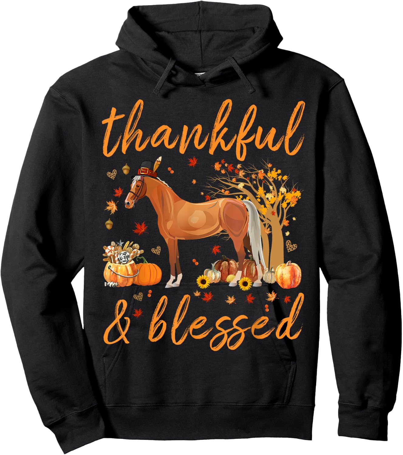 Thankful Grateful Blessed Horse Thanskgiving Matching Hoodie - Hoodie | Black