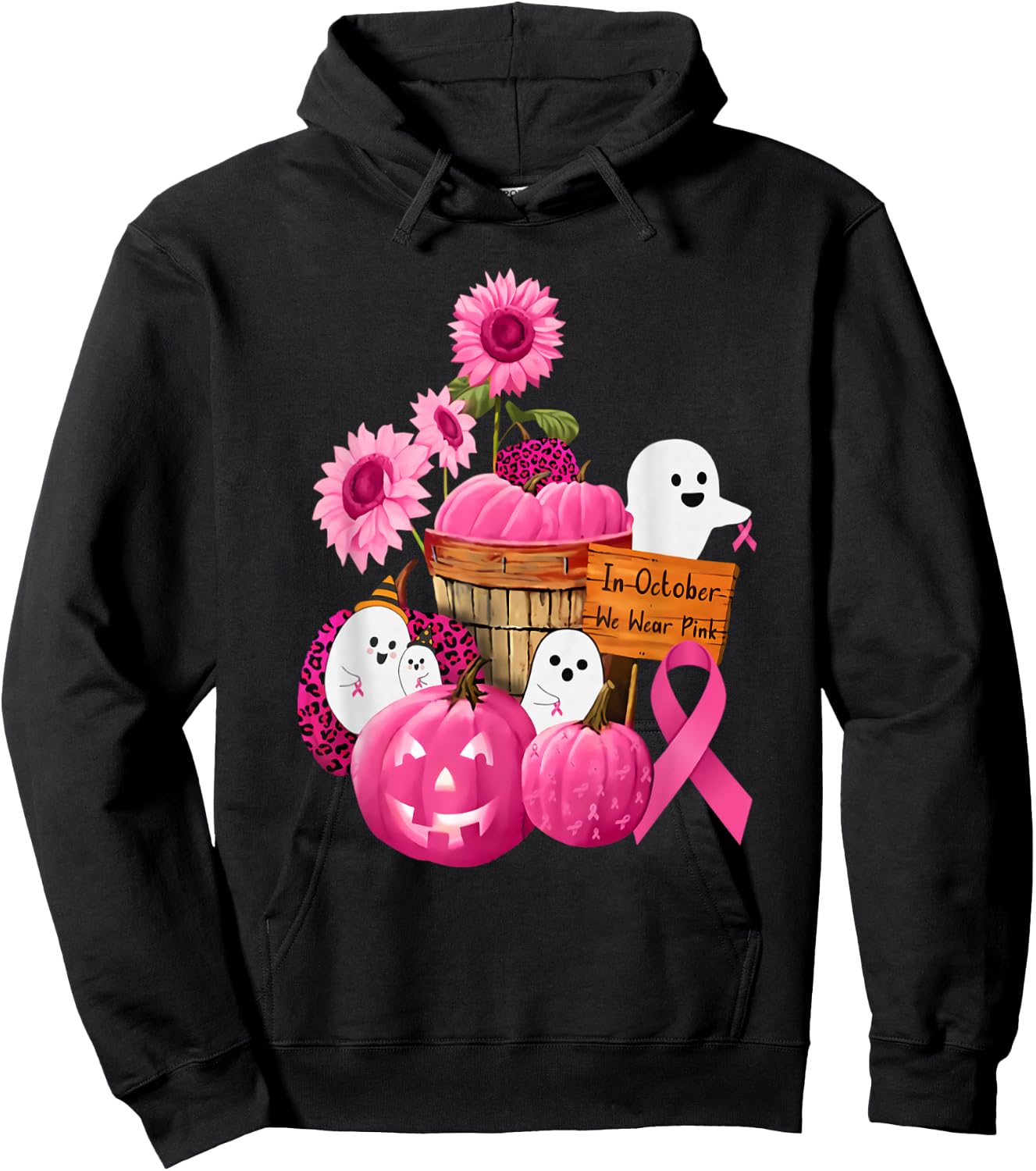 In October We Wear Pink Ghosts & Pumpkins For Breast Cancer Hoodie - Hoodie | Black