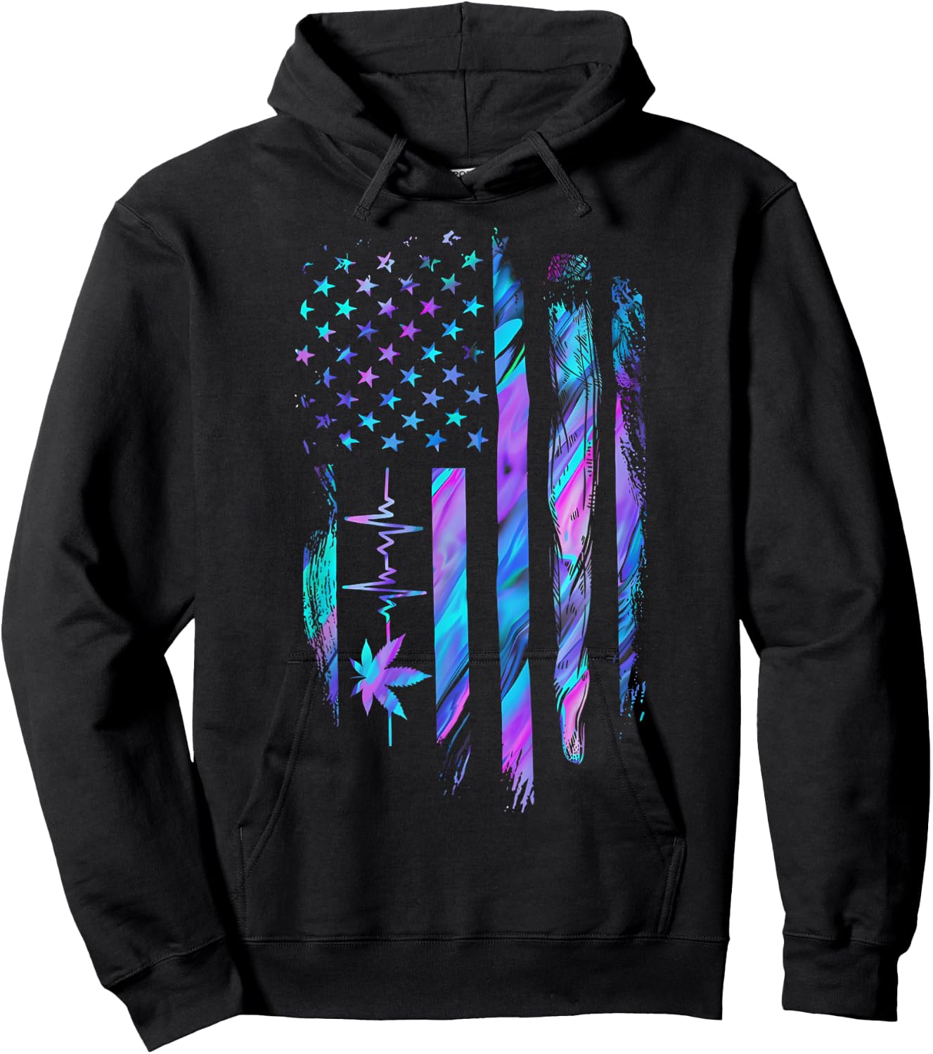 Marijuana Leaf Heartbeat US Flag Weed Cannabis 4th of July Hoodie - Hoodie | Black