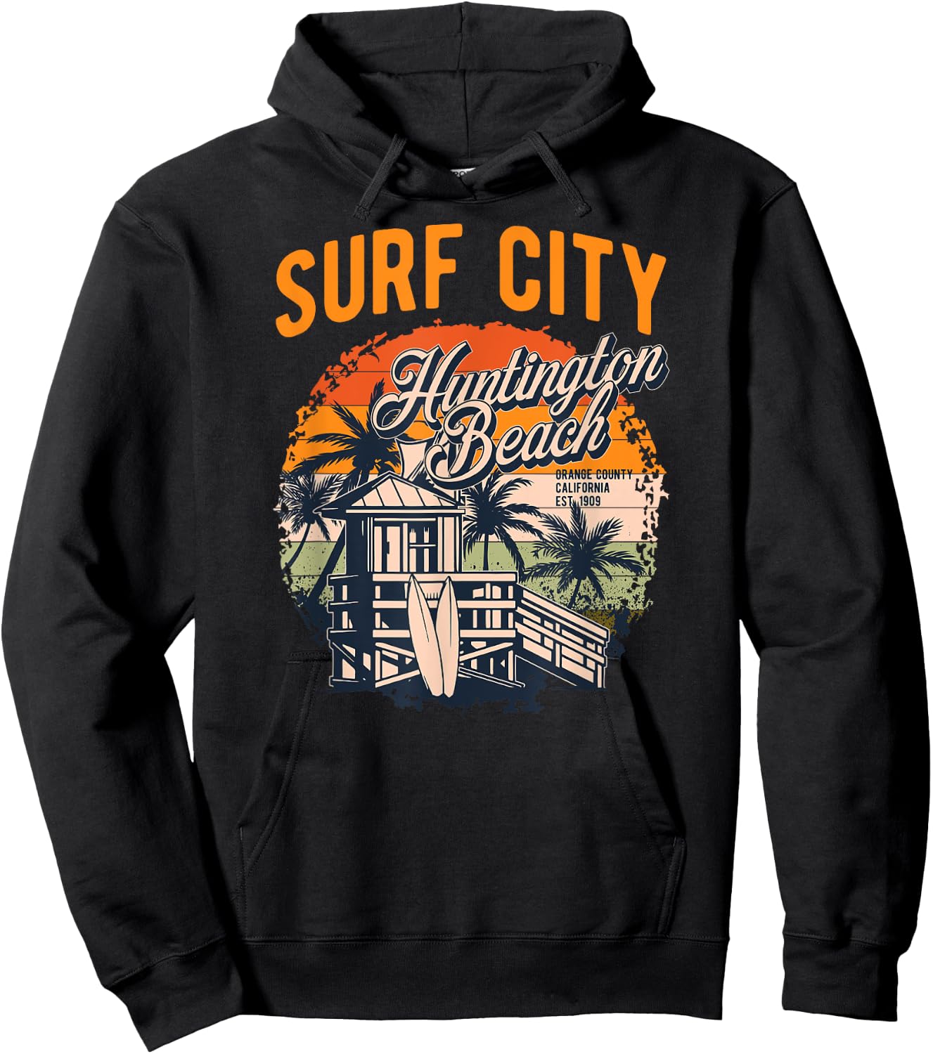 Vintage Huntington Beach Lifeguard Tower Surfing Style Men Women Hoodie - Hoodie | Black