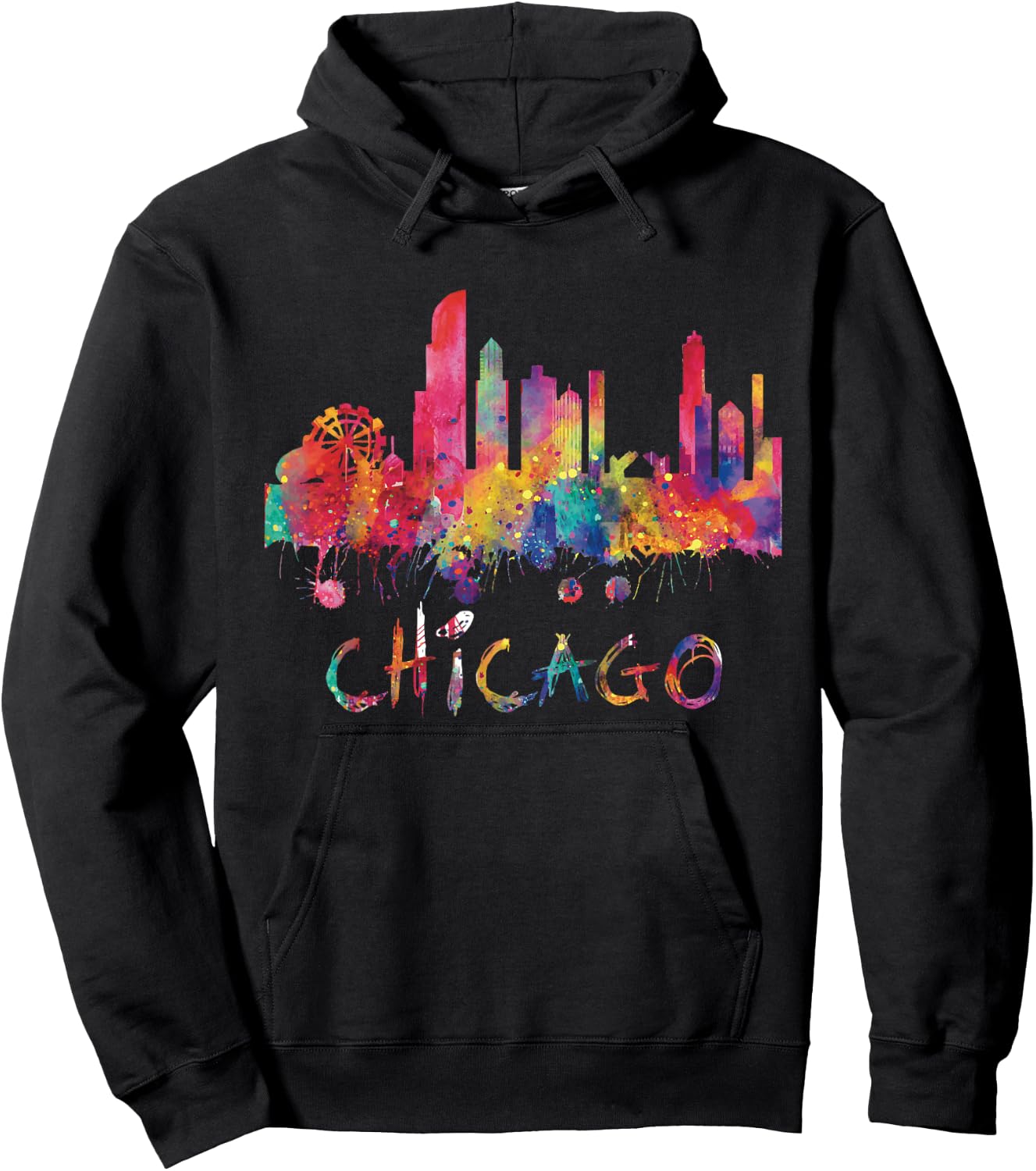 Chicago Skyline Cityscape Watercolor Chicago Flag Illinois Hoodie - Hoodie | Black