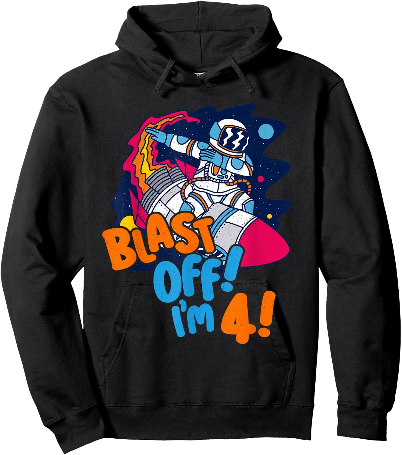 Blast Off I'm 4! Kids 4th Birthday Space Dabbing Astronaut Hoodie - Hoodie | Black
