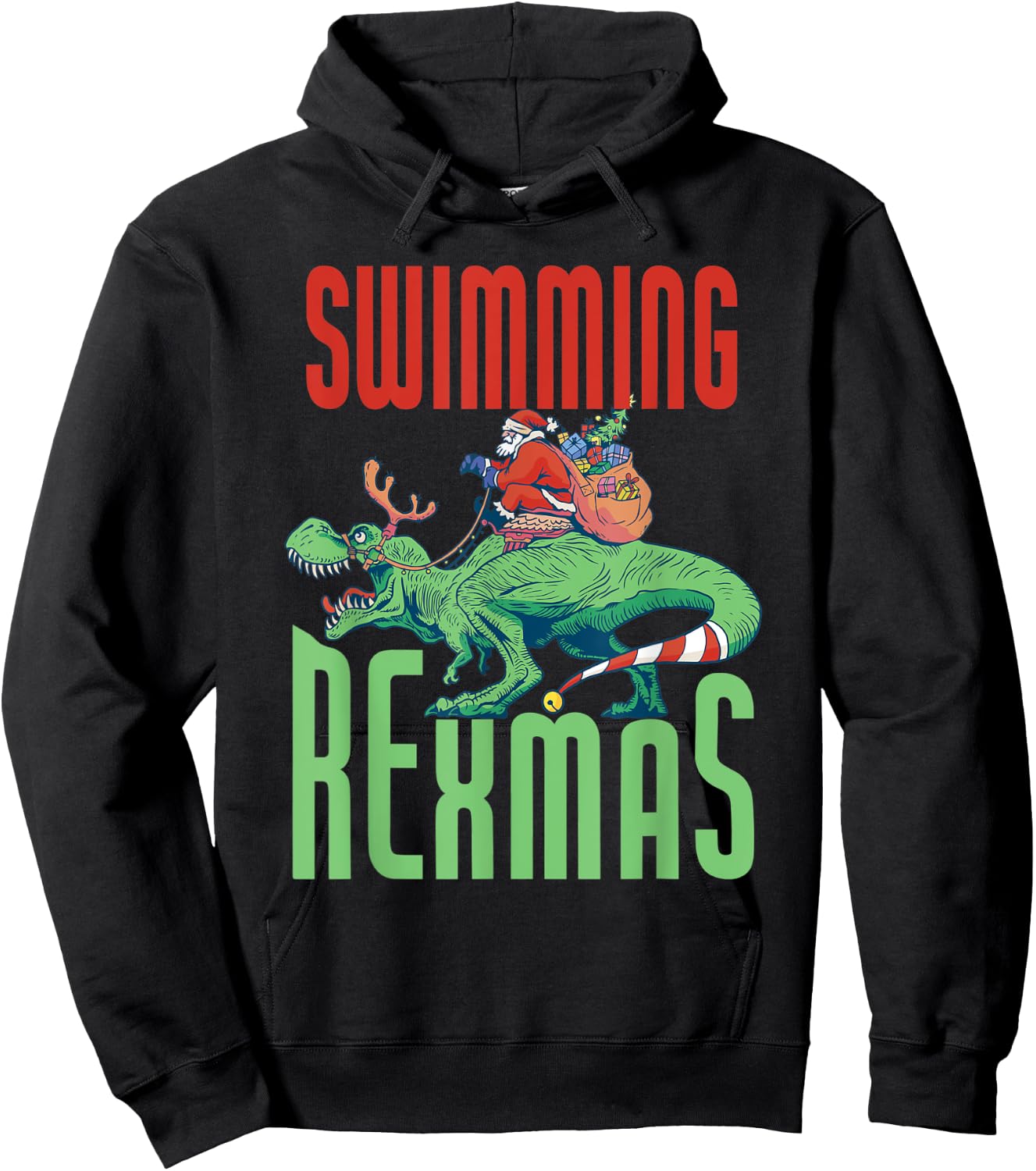 Swimming Rexmas T-Rex Dinosaur Christmas Holiday - Swimmer Hoodie - Hoodie | Black