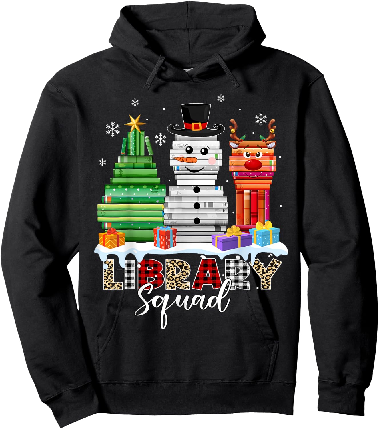 Christmas Librarian Books Xmas Tree Snowman Reindeer Library Hoodie - Hoodie | Black