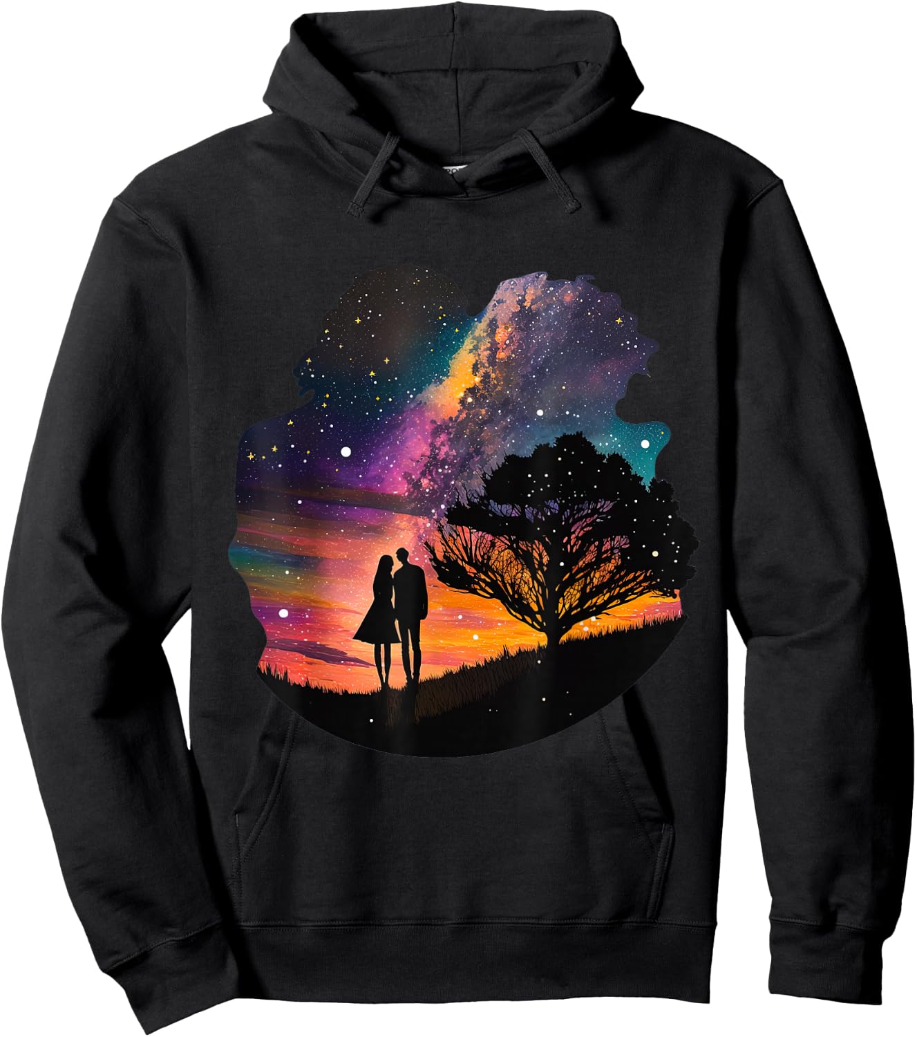 Galaxy Couple, Twin Flames Embrace Under A Canopy Of Stars Hoodie - Hoodie | Black